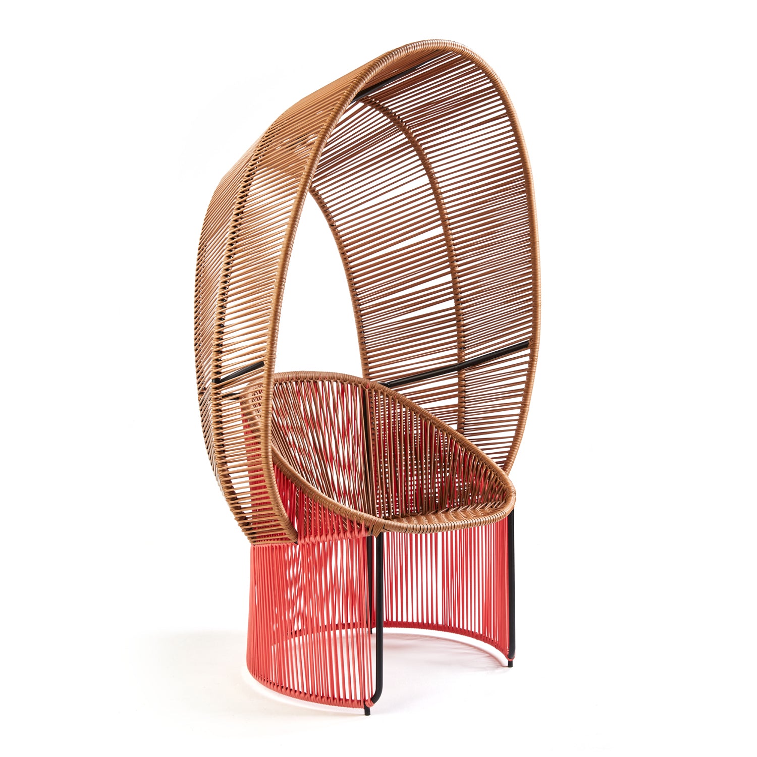 Introducing the Ames Cartagenas Reina Chair, a modern marvel featuring a semi-circular backrest and woven rattan base with red support. Its design boasts vertical and horizontal slats, forming an airy structure with a distinctive arch—perfect for enhancing any outdoor space.