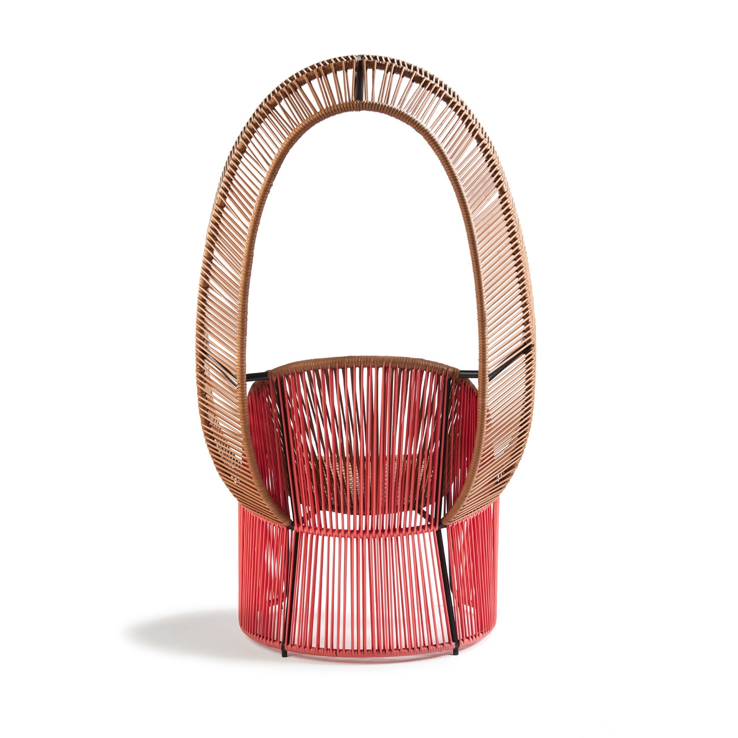 Part of Ames Cartagenas collection, the Reina Chair boasts a modern design with a circular base and arching woven backrest. Ideal for outdoor spaces, its striking red-to-brown transition enhances visual appeal.