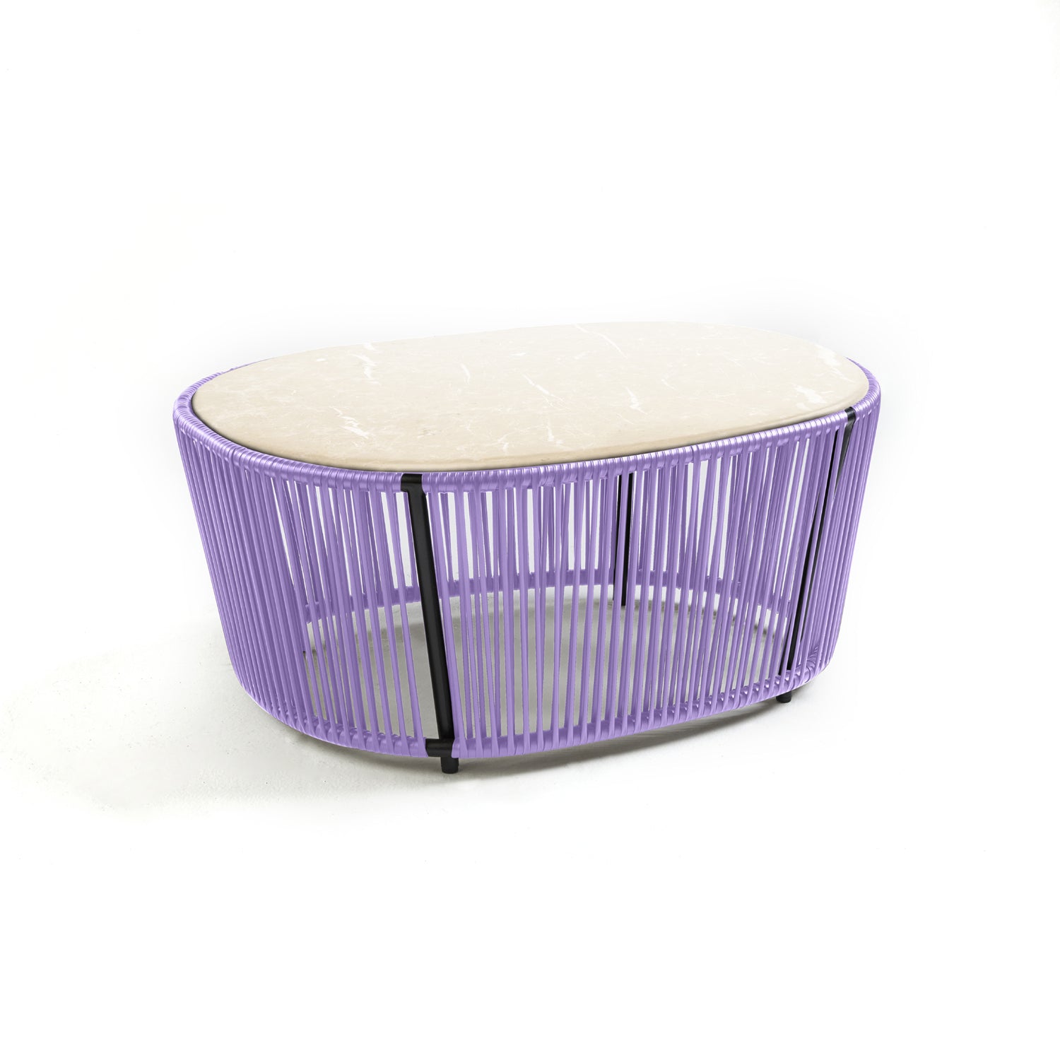The Ames Cartagenas Coffee Table by Ames showcases a beige oval stone top and a purple metal wire base, displayed on a plain white background.