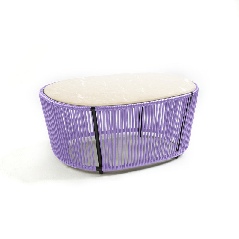 The Ames Cartagenas Coffee Table by Ames showcases a beige oval stone top and a purple metal wire base, displayed on a plain white background.
