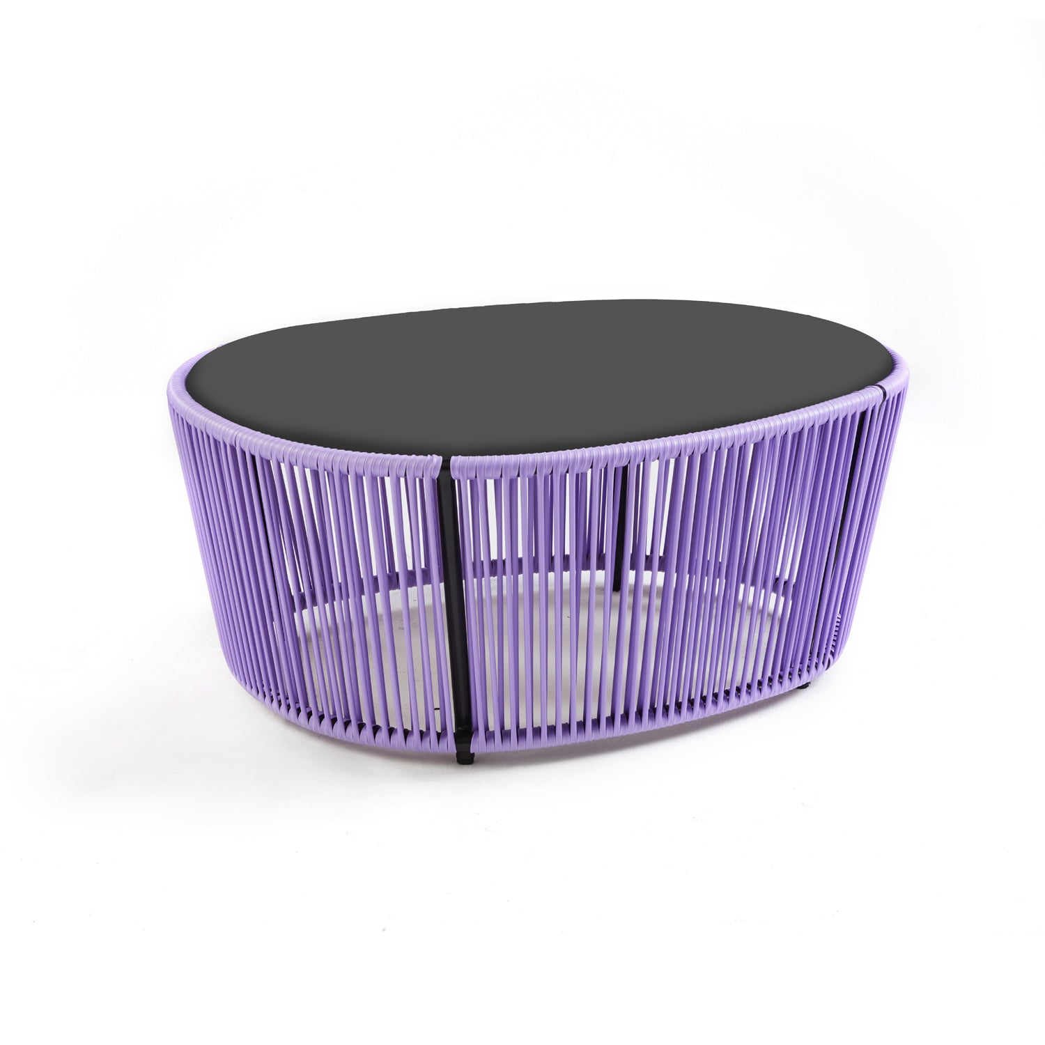 The Ames Cartagenas Coffee Table by Ames, designed by Sebastian Herkner, has a modern oval black top and a base of vertical purple rods in a circular pattern on a white background.