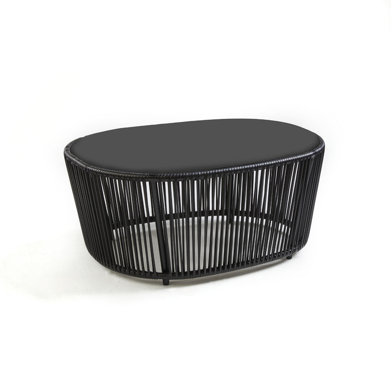 The Ames Cartagenas Coffee Table by Ames is a sleek black table that comes with a matching black cushion.