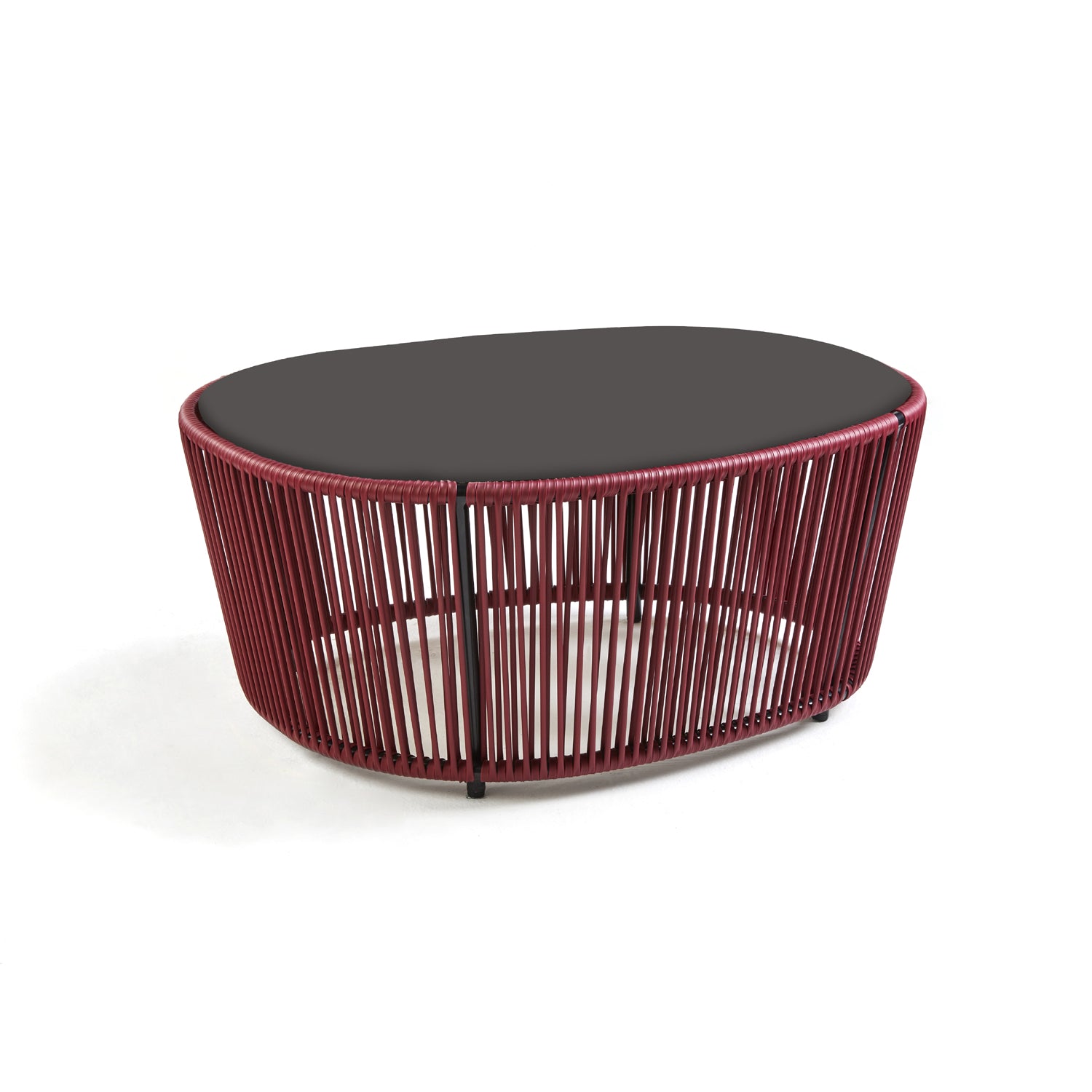 The Ames Cartagenas Coffee Table by Ames features a black oval top and a base of red metal rods arranged in an open, curved design.