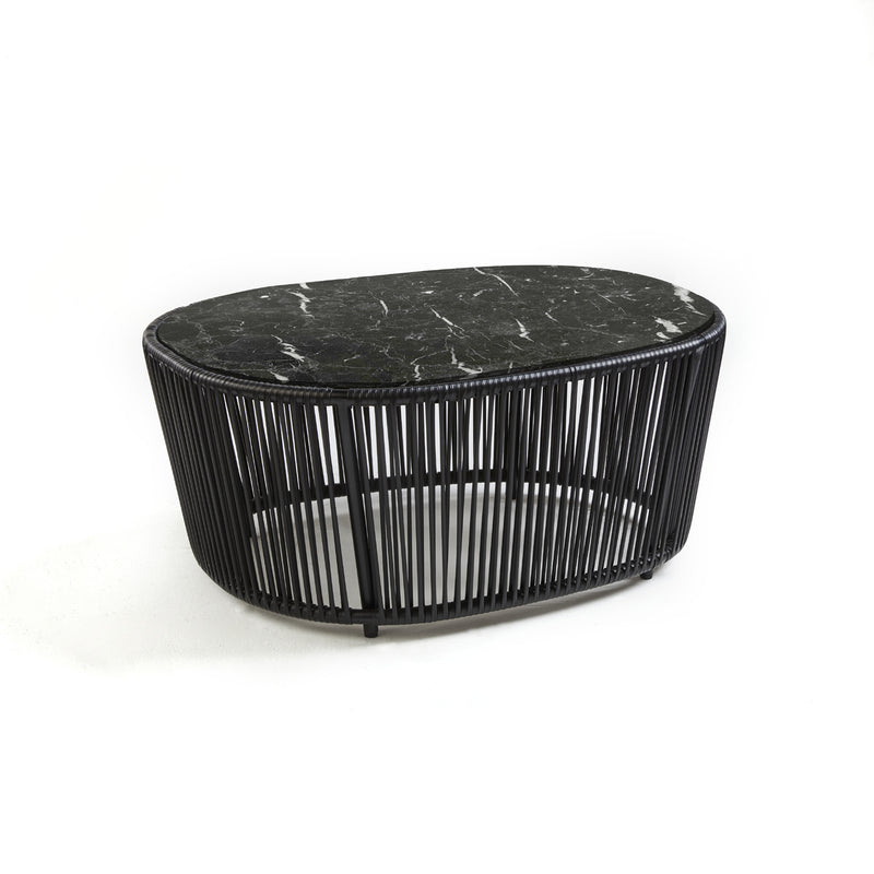 The Ames Cartagenas Coffee Table, by Ames and designed by Sebastian Herkner, showcases an oval black marble top and a bold black metal base of vertical rods, pictured on a white background.