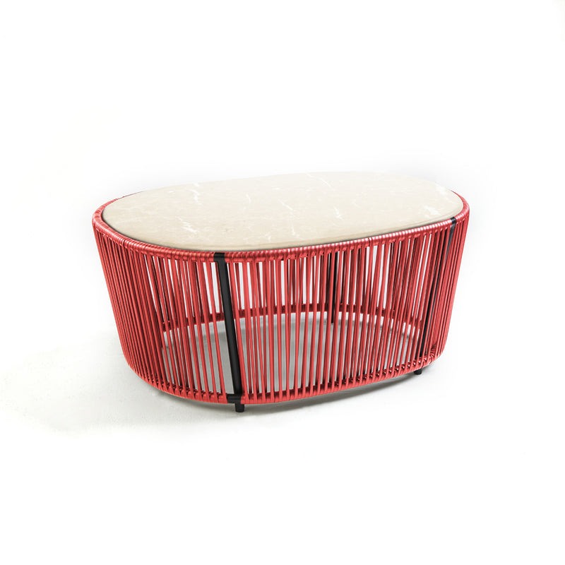 The Ames Cartagenas Coffee Table by Ames features an oval beige marble top, a vibrant red metal wire base with vertical bars and black accent, all elegantly displayed against a white background.