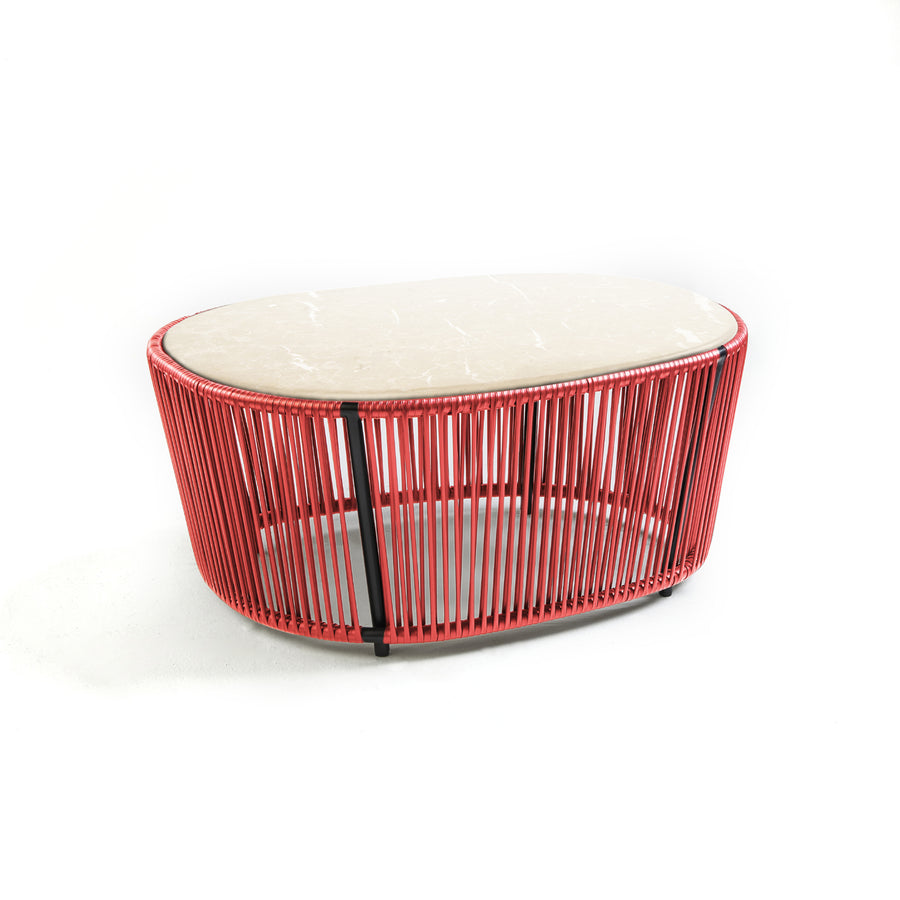 The Ames Cartagenas Coffee Table by Ames features an oval beige marble top, a vibrant red metal wire base with vertical bars and black accent, all elegantly displayed against a white background.
