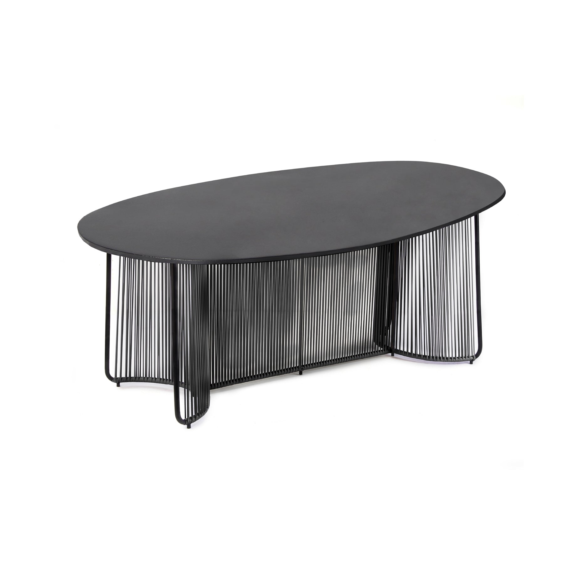 The Ames Cartagenas Dining Table by Ames features a modern oval design with a marble tabletop and a base of curved vertical metal rods, echoing Sebastian Herkner’s signature style.