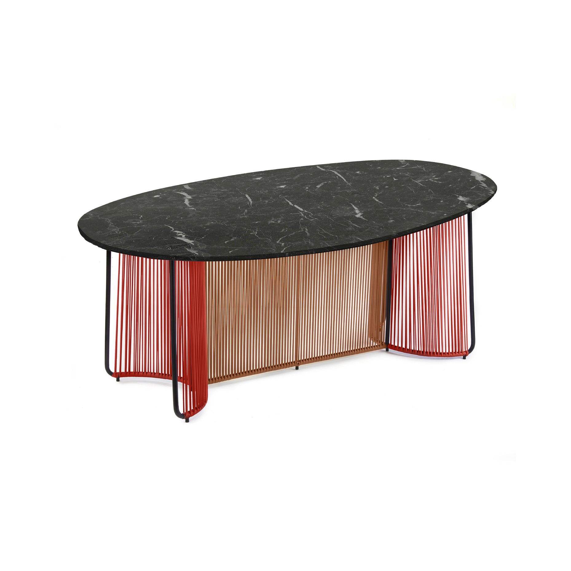 The Ames Cartagenas Dining Table by Ames features a modern oval marble top, gold vertical rods at the base, and red and black metal accents in an artistic support structure inspired by Sebastian Herkner’s design.