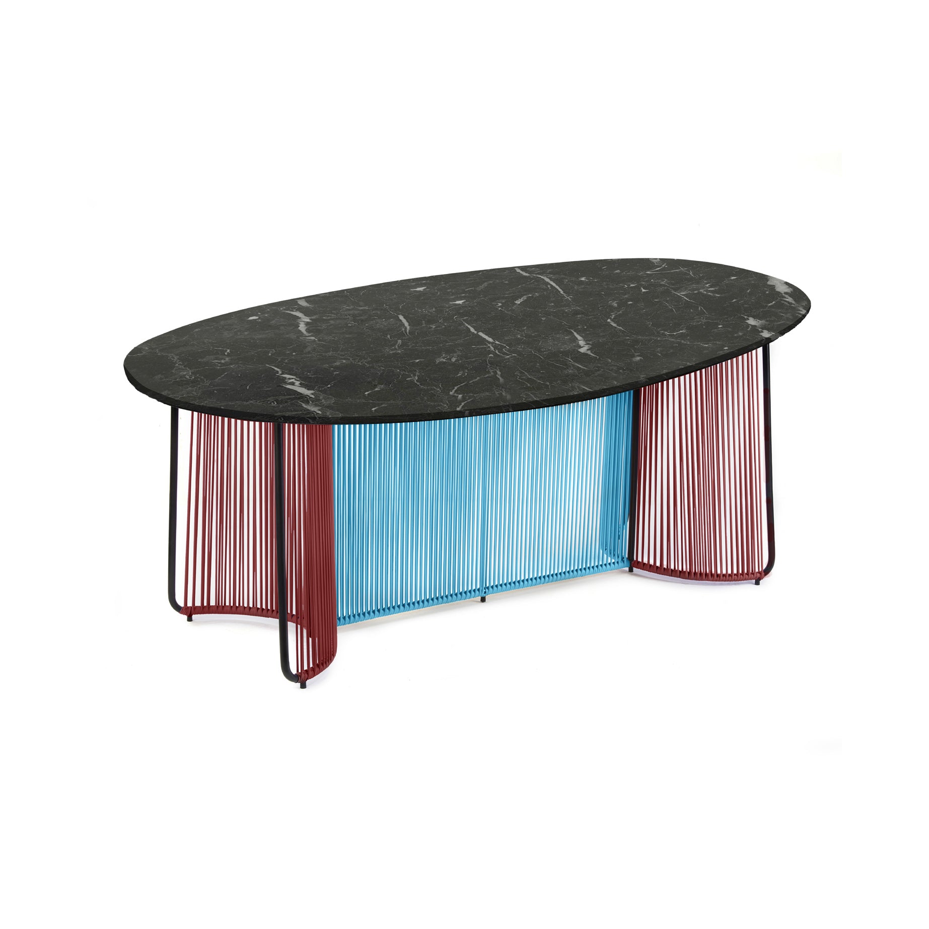 Inspired by the Ames Cartagenas Dining Table by Ames, this oval coffee table features a marble top and a base with vertical metal rods—blue at the center, red on the sides—for a modern, artistic style.