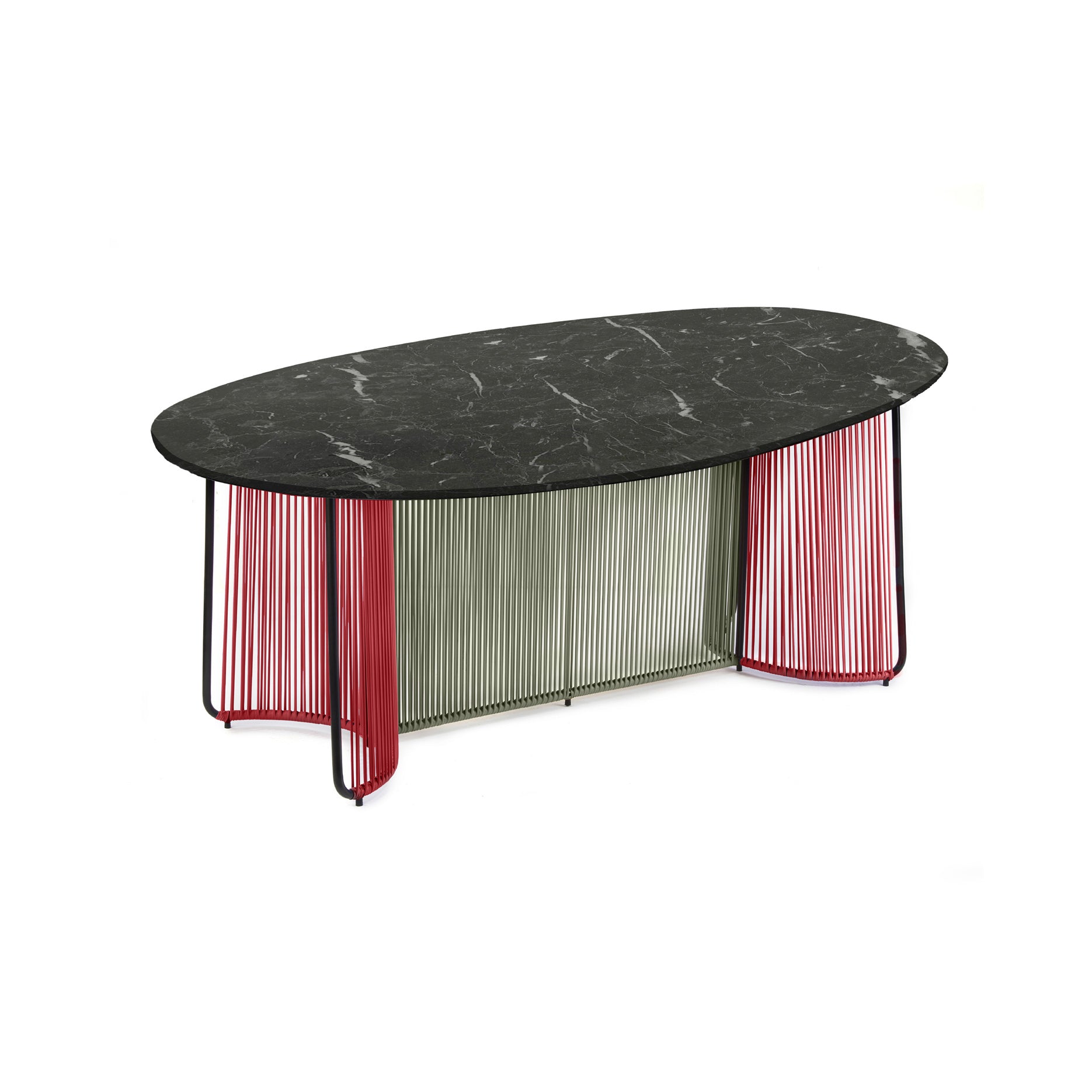 The Ames Cartagenas Dining Table by Ames features an oval marble tabletop, a central base of vertical metallic slats, and bold red wire accents inspired by Sebastian Herkner.