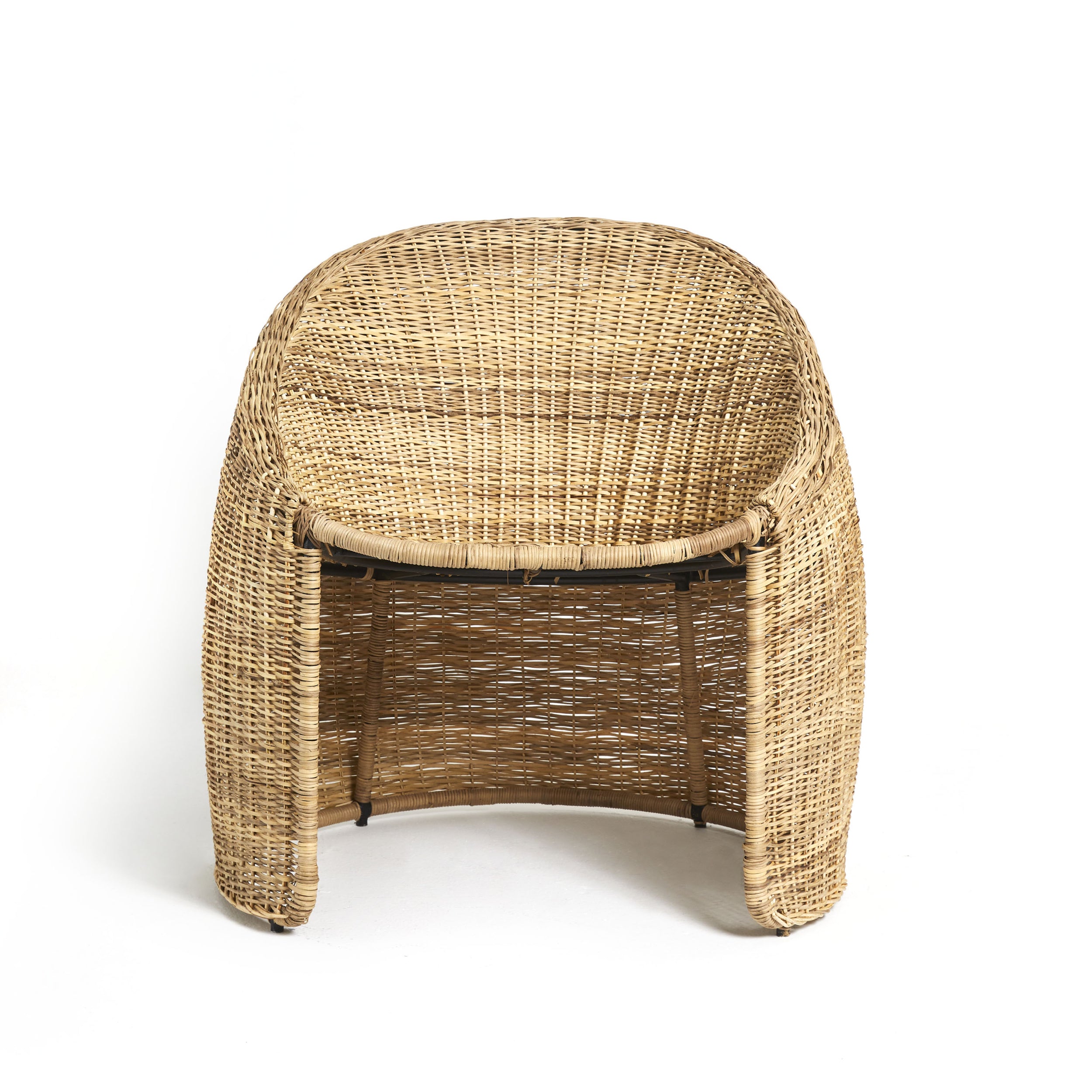 The Cartagenas Natural Lounge Chair by Ames, with its open weave design and rounded back in a natural color, showcases elegant craftsmanship reminiscent of Cartagenas furniture, set against a plain white background.