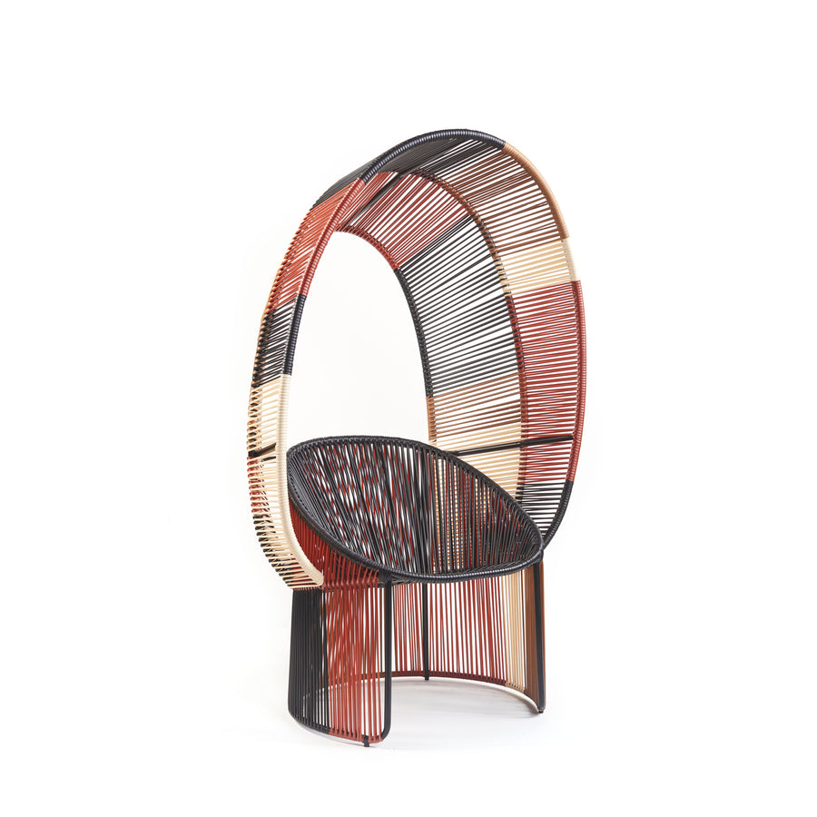 Explore the limited edition Cartagenas Reina Chair by Ames, a modern outdoor piece featuring a woven design with curved red, black, and tan rods. It has an elliptical backrest and circular seat for artistic flair.