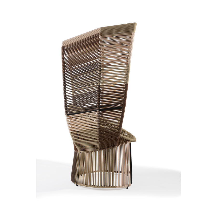 Introducing the Cartagenas Reina Chair Limited Edition by Ames: a modern masterpiece featuring a tall, wraparound backrest of interwoven brown and beige cords. Its minimalist, cage-like design enhances outdoor elegance against a plain white background.