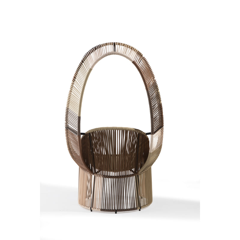 Introducing the Cartagenas Reina Chair Limited Edition by Ames, a modern addition with a rounded open design and thin vertical strips for an airy woven look. This tan masterpiece elegantly complements any outdoor setting against a white background.