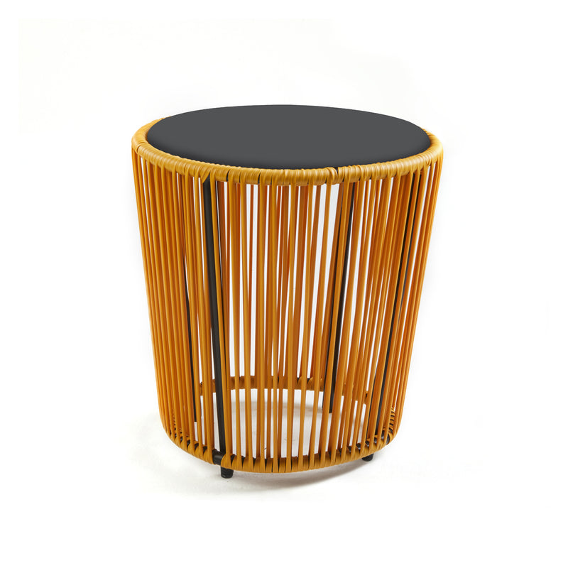 The Cartagenas Sidetable by Ames features a black top and an open cylindrical base made of orange wooden slats. Designed by Sebastian Herkner, it boasts a modern, minimalist aesthetic that infuses any space with the vibrant charm of a lively coastal metropolis.