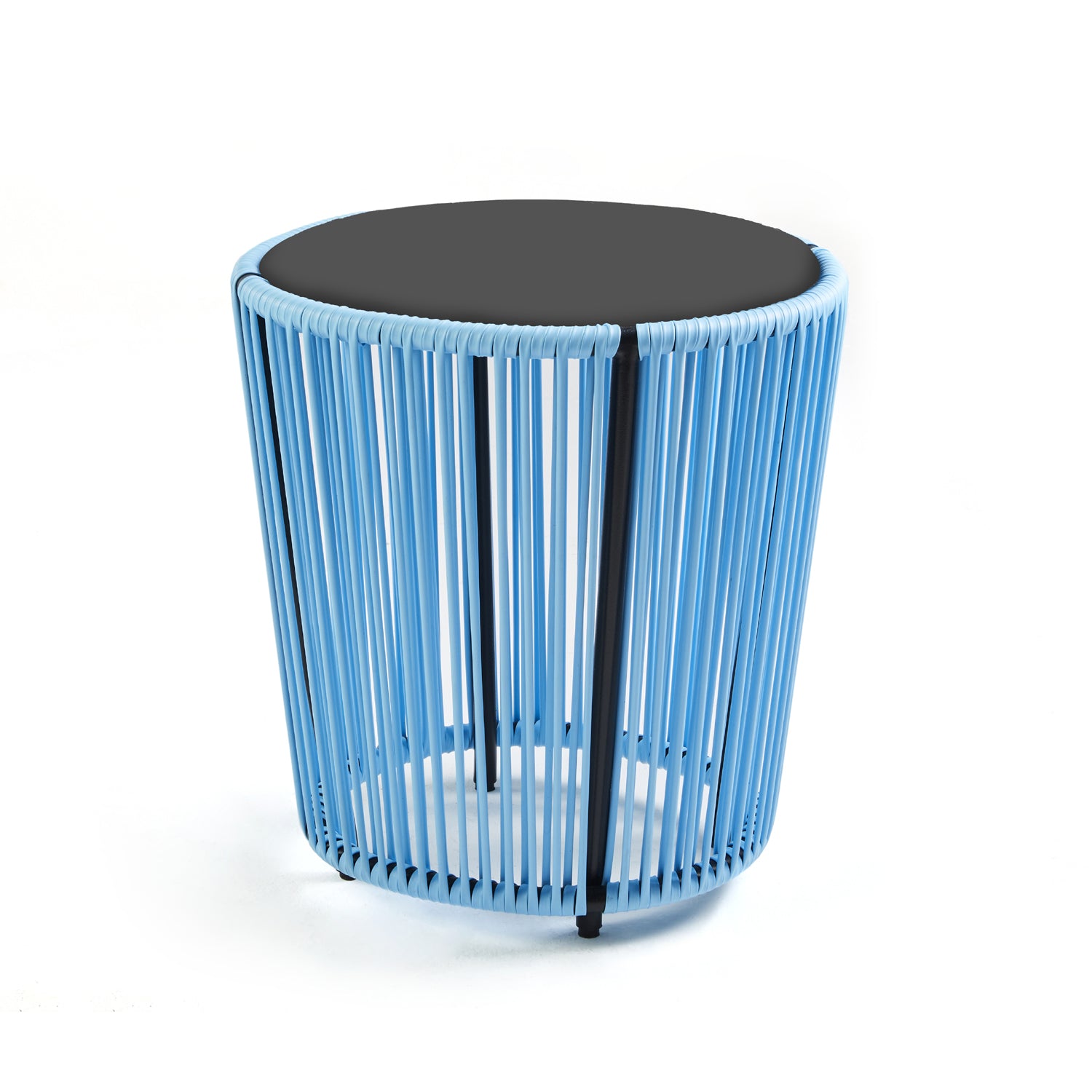 The Cartagenas Sidetable by Ames features a modern design with a black top and blue wire sides, evoking Sebastian Herkners style. Its open, airy look fits beautifully into a coastal metropolis scene, resting gracefully on its flat white surface.