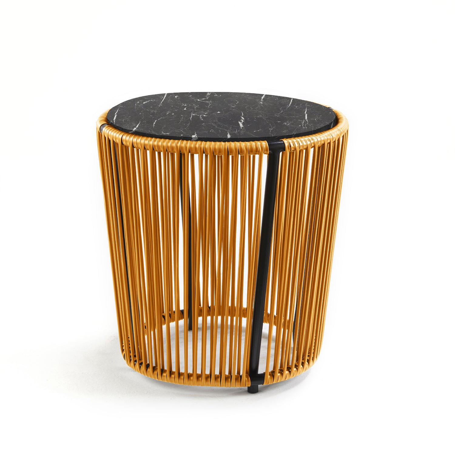 The Cartagenas Sidetable by Ames, inspired by a vibrant coastal city, showcases a compact round design with a black marble top and a base of vertical golden rods on a clean white background.