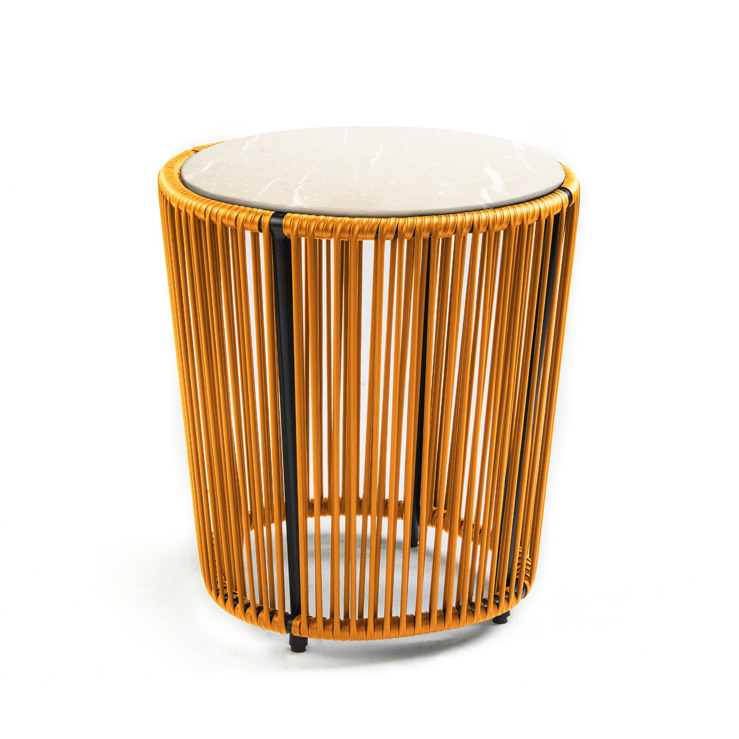 The Cartagenas Sidetable by Ames, designed by Sebastian Herkner, features a round white marble top and a base of golden rods, combining solid elegance with an airy coastal vibe.