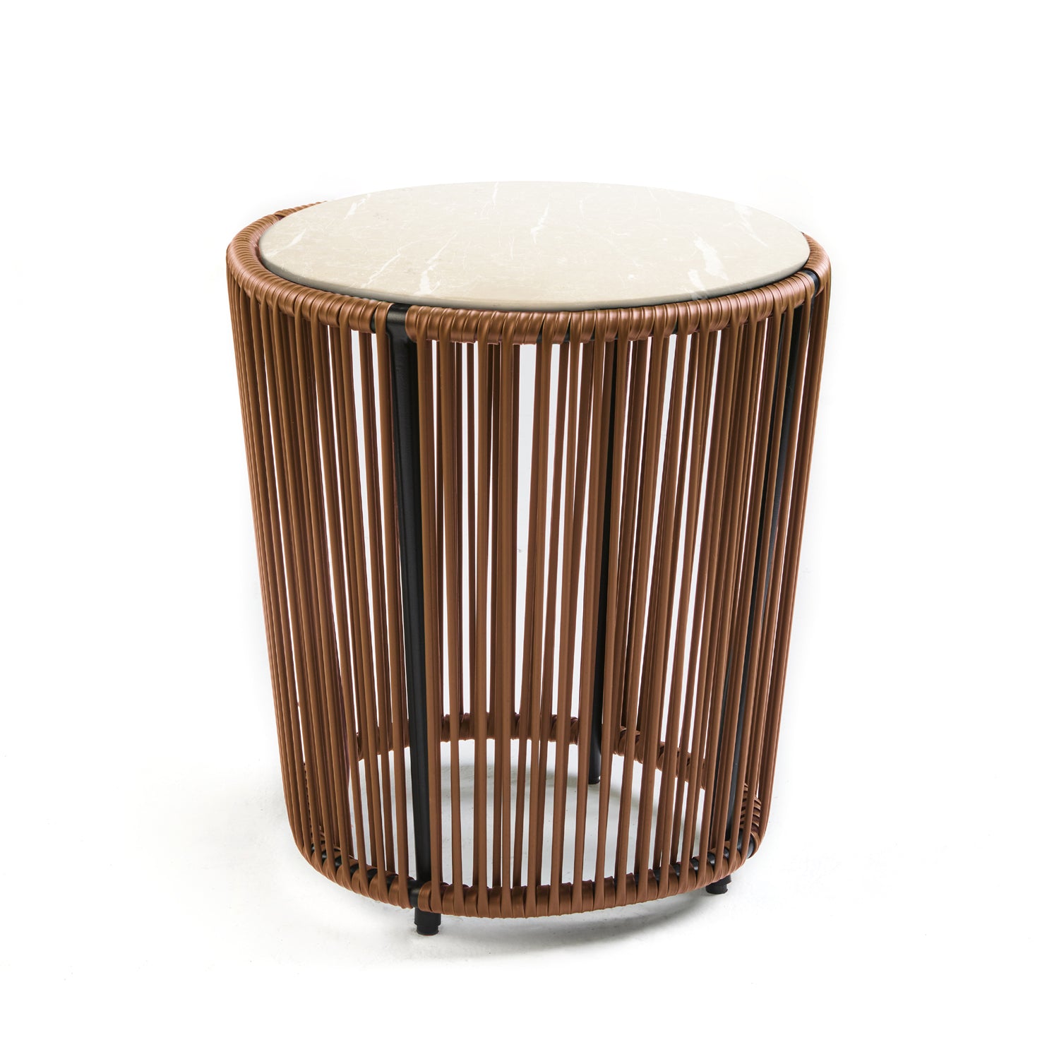 The Ames Cartagenas Sidetable by Sebastian Herkner boasts a marble top and cylindrical base made of vertical wooden slats. Its modern, minimalist design with a light color palette captures the essence of a vibrant coastal city.