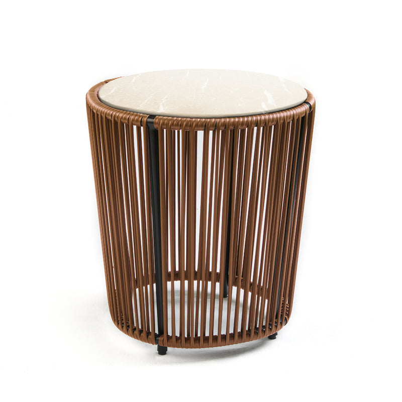The Ames Cartagenas Sidetable by Sebastian Herkner boasts a marble top and cylindrical base made of vertical wooden slats. Its modern, minimalist design with a light color palette captures the essence of a vibrant coastal city.