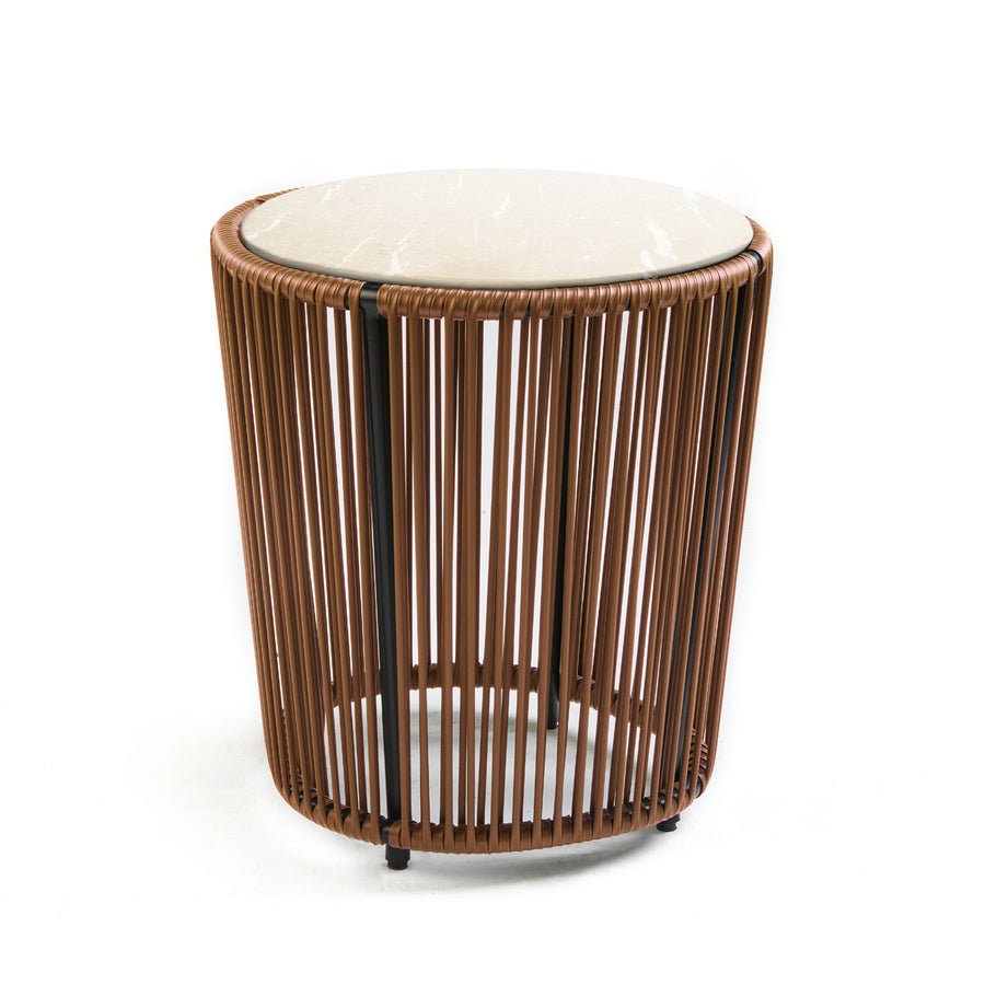 The Ames Cartagenas Sidetable by Sebastian Herkner boasts a marble top and cylindrical base made of vertical wooden slats. Its modern, minimalist design with a light color palette captures the essence of a vibrant coastal city.