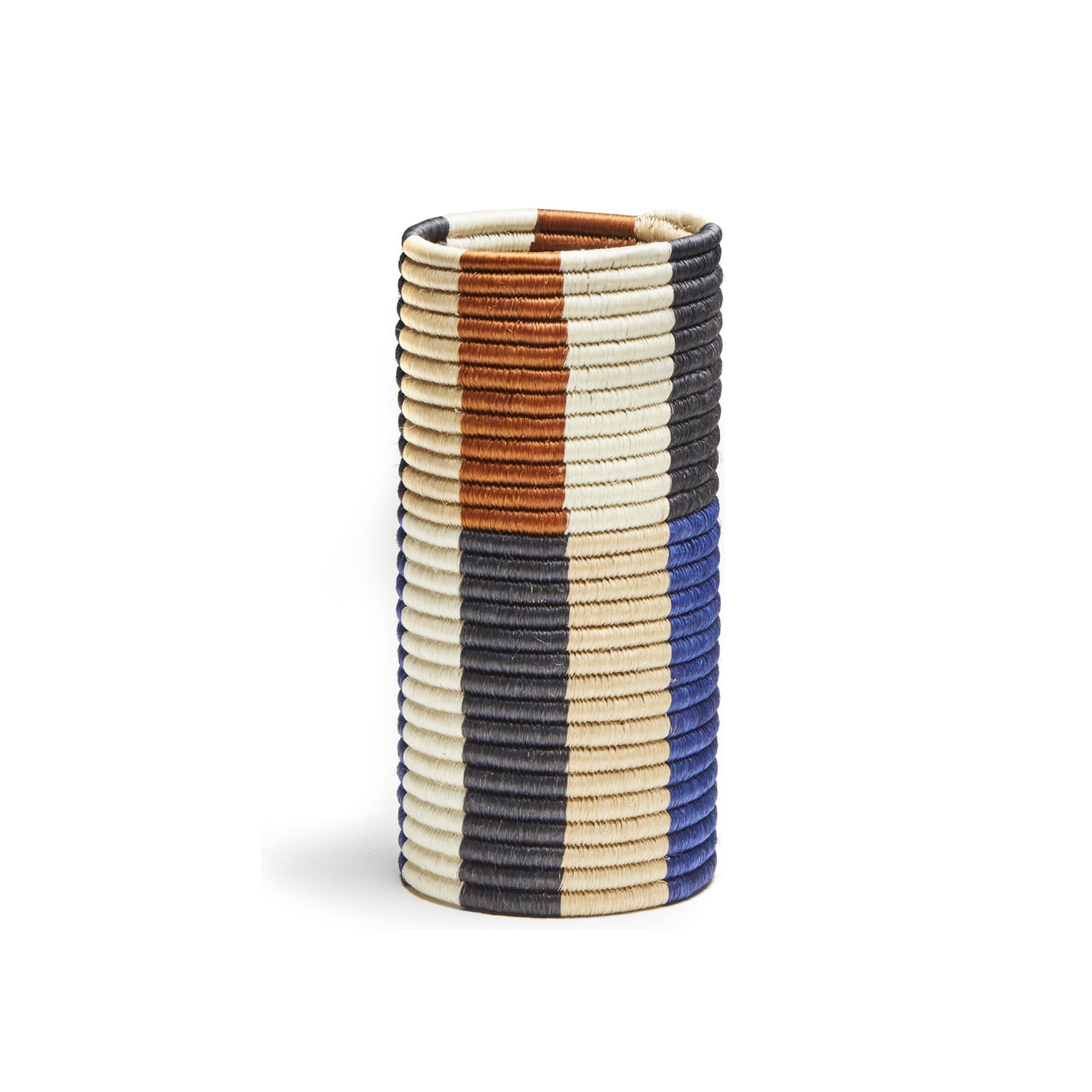 Part of the Choco Vases collection by Ames, this cylindrical woven basket showcases elegant horizontal stripes in black, blue, brown, beige, and white. Made from palm fibers for a natural touch and exquisite design, its perfect for any space.