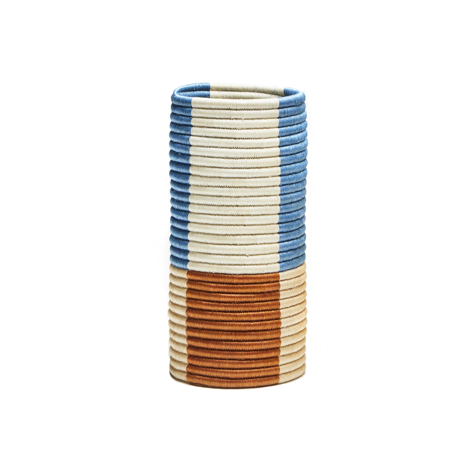 The Choco Vases by Ames feature a cylindrical design with alternating horizontal bands in blue, cream, and rust colors. The textured pattern mimics palm fibers for a uniquely layered appearance.
