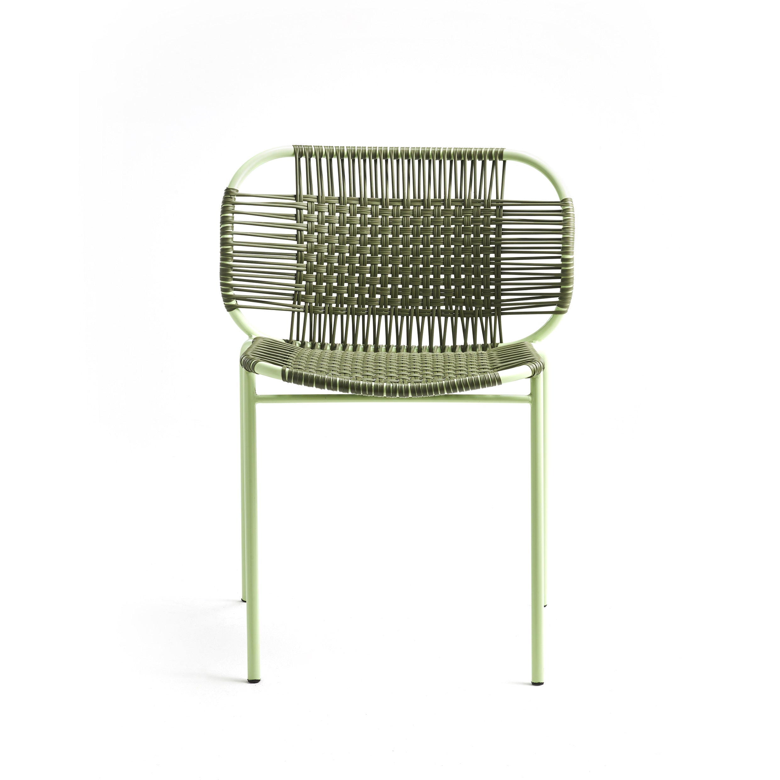 The Ames Cielo Chair by Ames is a green metal outdoor dining chair with a woven backrest and seat, featuring thin legs and a minimalist, airy design. This stackable chair is shown against a plain white background.