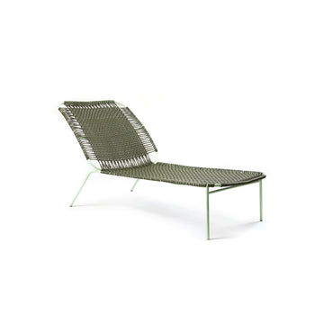 The Ames Cielo Daybed by Ames, designed by Sebastian Herkner, features a light metal frame and a woven dark green seat and backrest, shown against a plain white background.