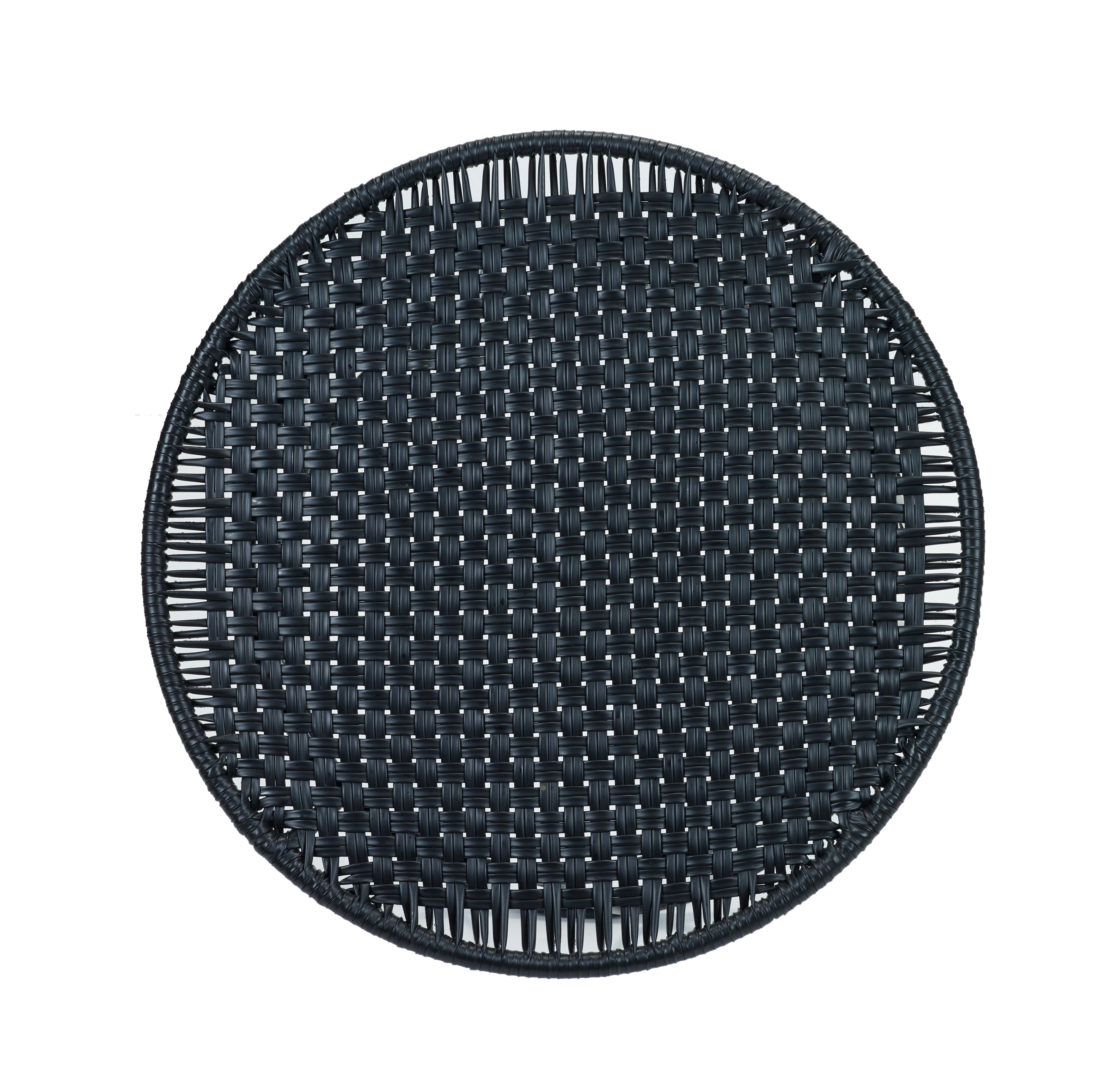 The Ames Circo Side Table by Ames features a round, black woven top with a tight interlaced pattern, inspired by handcrafted Colombian furniture, shown from above on a white background.