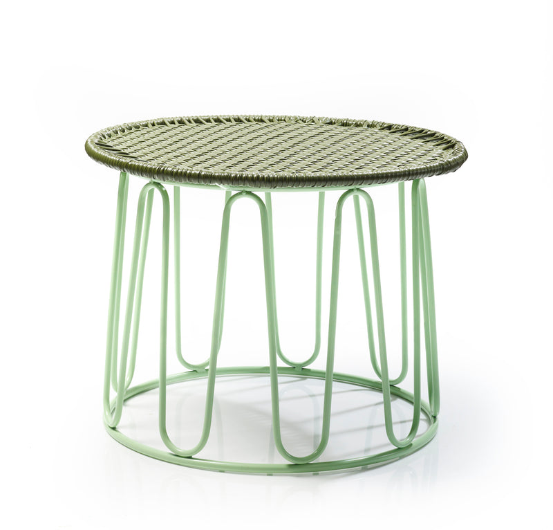 The Ames Circo Side Table by Ames, designed by Sebastian Herkner, features a woven top and light green wire frame—a handcrafted Colombian piece shown against a white background.