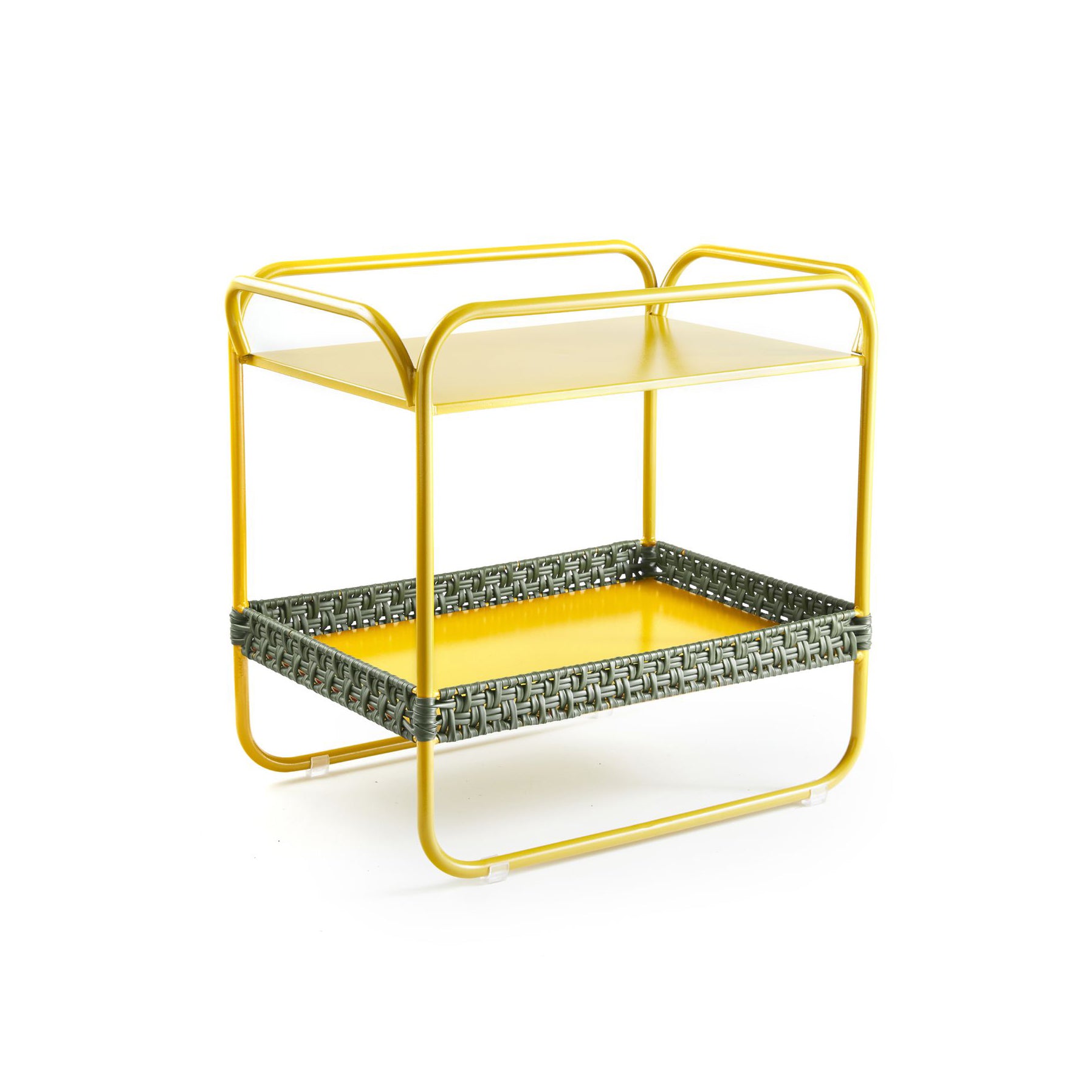 Introducing Ames Dichas Sidetable, a modern two-tiered design featuring a striking yellow metal frame and shelves. The lower shelf showcases an interwoven texture in gray and black recycled plastic, all set against a pristine white backdrop.