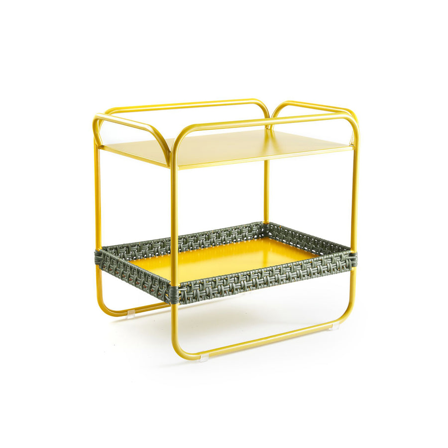 Introducing Ames Dichas Sidetable, a modern two-tiered design featuring a striking yellow metal frame and shelves. The lower shelf showcases an interwoven texture in gray and black recycled plastic, all set against a pristine white backdrop.