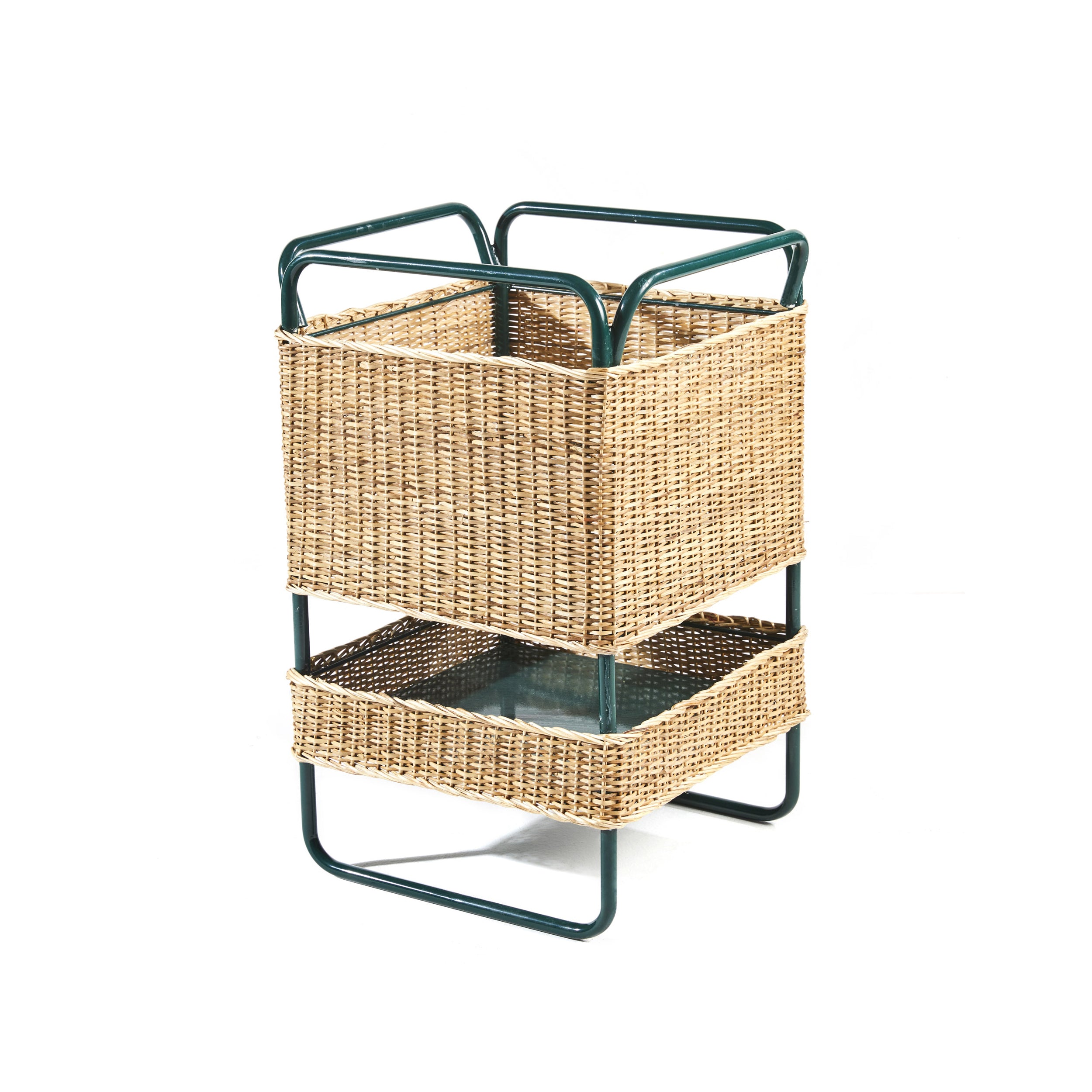 The Ames Dichas Basket features a black metal frame and two wicker shelves crafted from recycled plastic with open woven sides, offering a simple, functional design suitable for versatile storage needs.