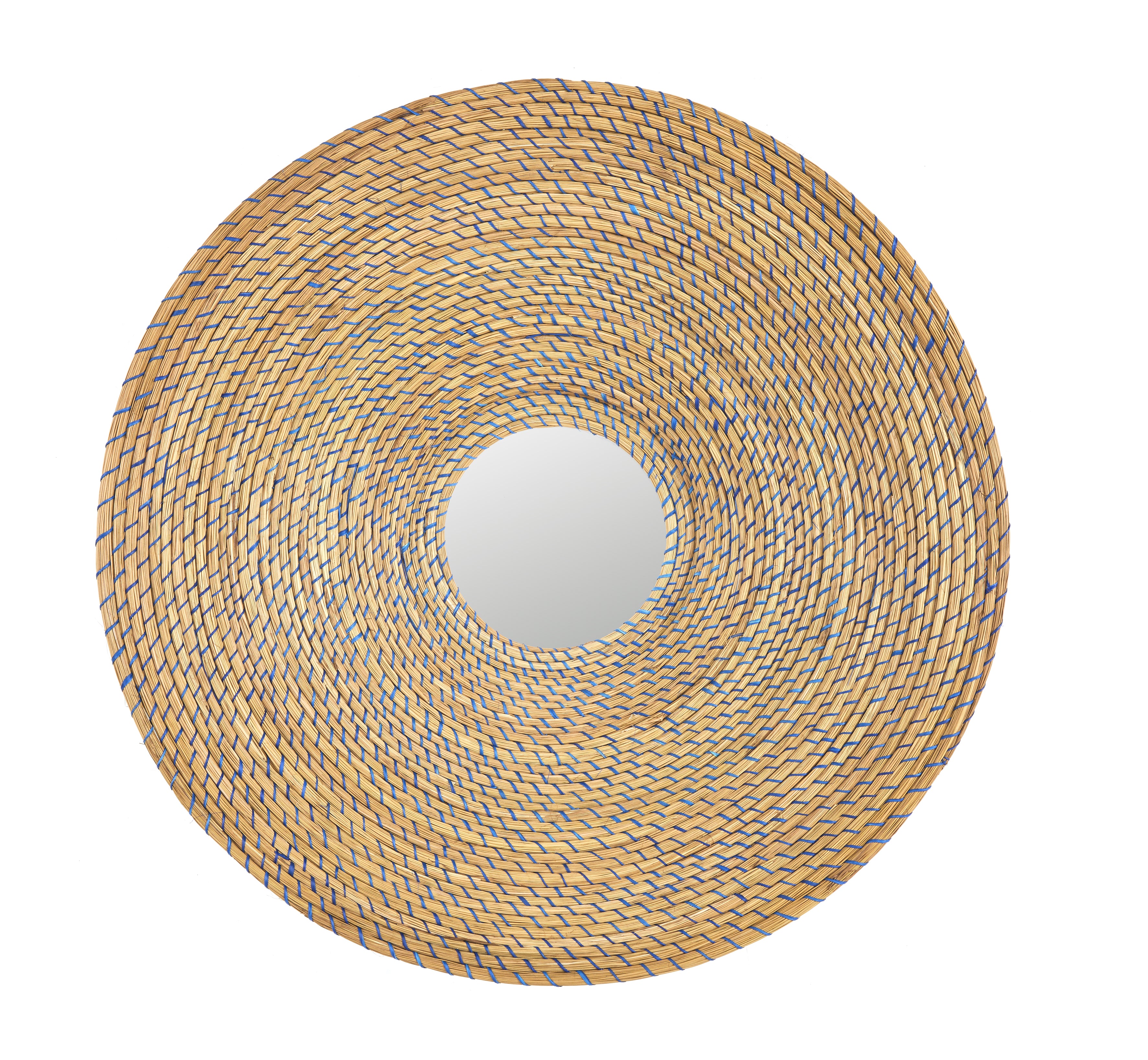 The Ames Killa Mirror by Ames is a round wall mirror with a wide, woven Iraca palm frame in a spiral pattern, shown from above against a white background.
