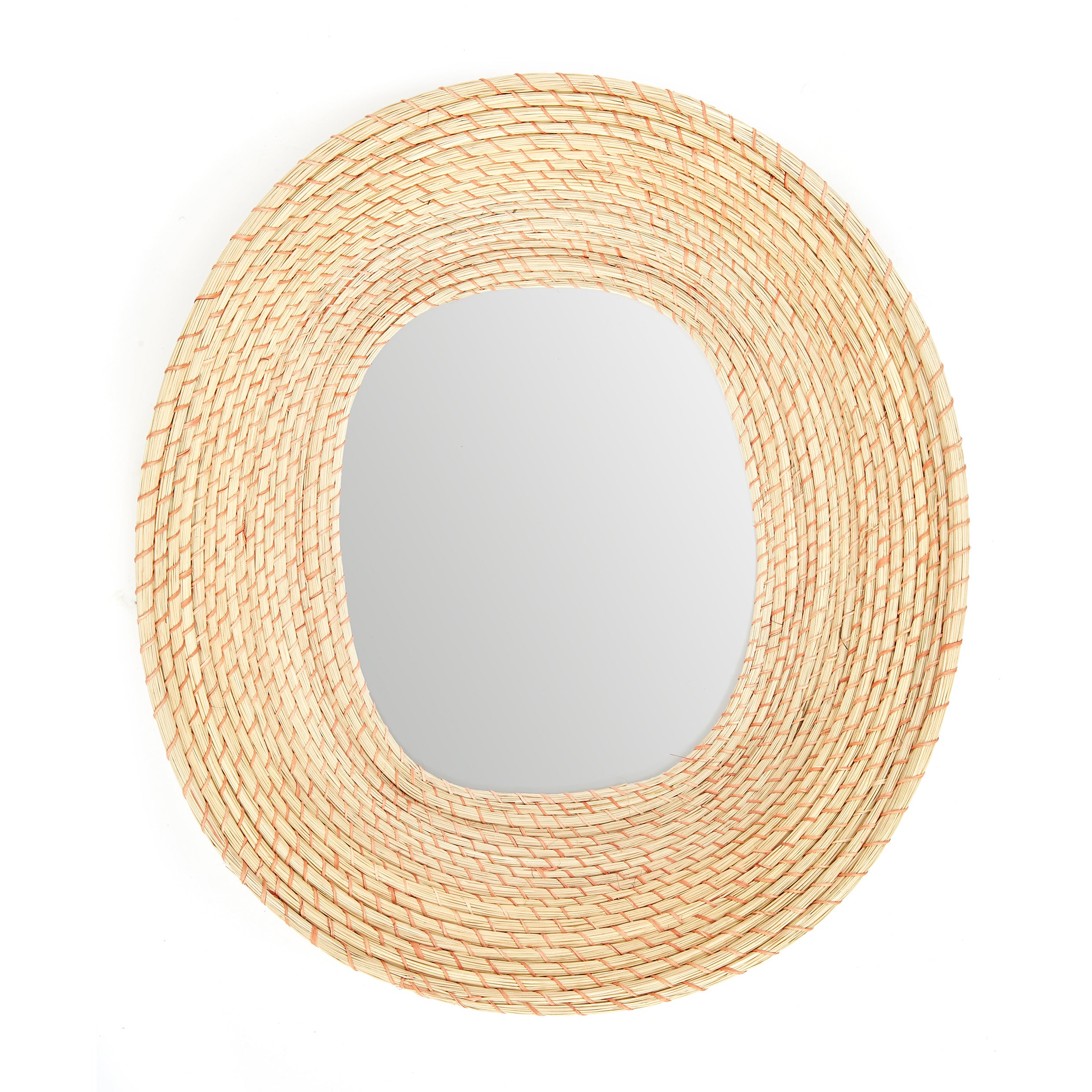 The Ames Killa Mirror by Ames is a handmade round wall mirror featuring a wide, woven Iraca palm rattan frame in natural beige tones, shown against a white background.