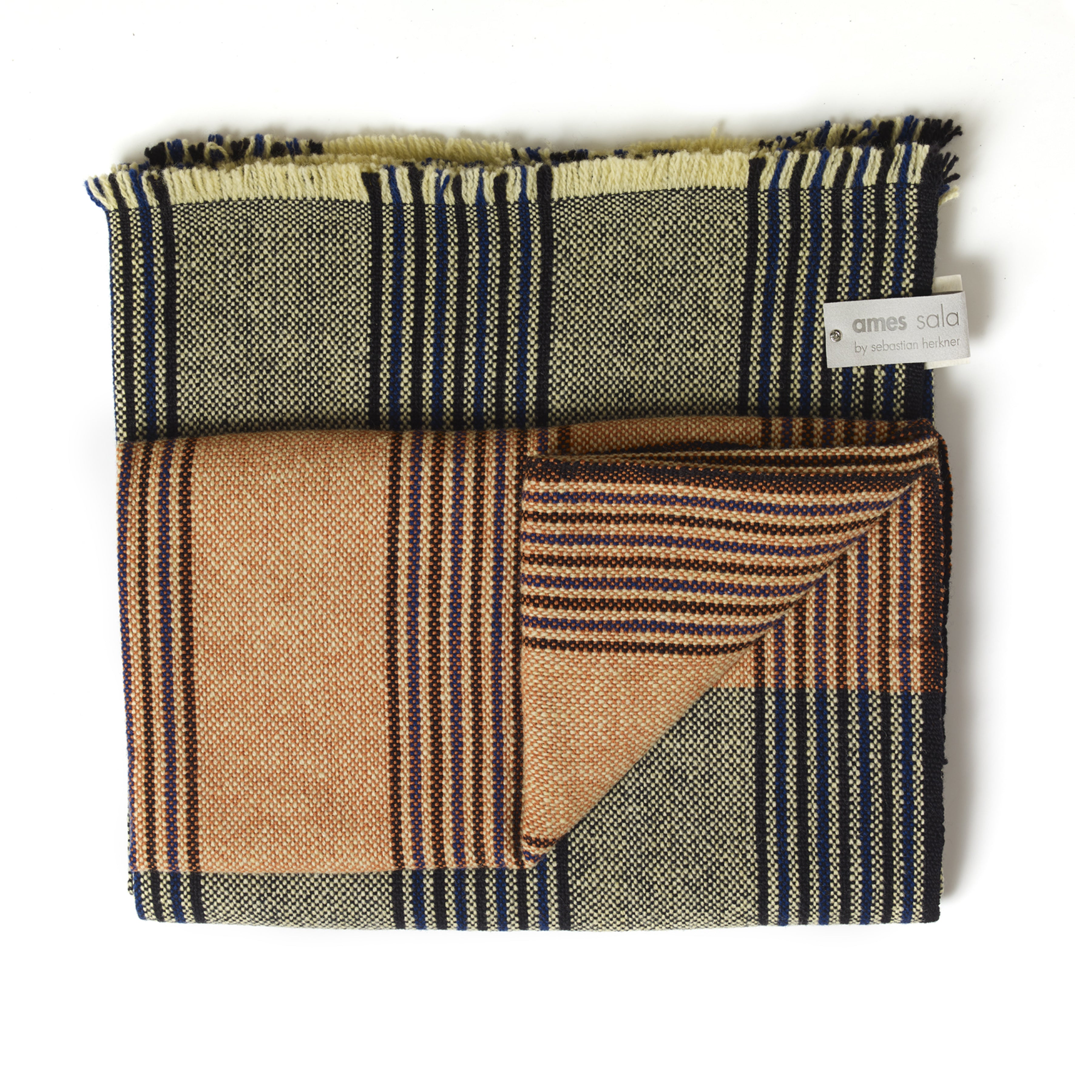 The Ames Mulera Throw by Ames is a lightweight woven textile with a green, black, and beige checked pattern, stripes, fringed edges, and an "ames sala" tag on the upper right corner. Its textured look adds style to any space.