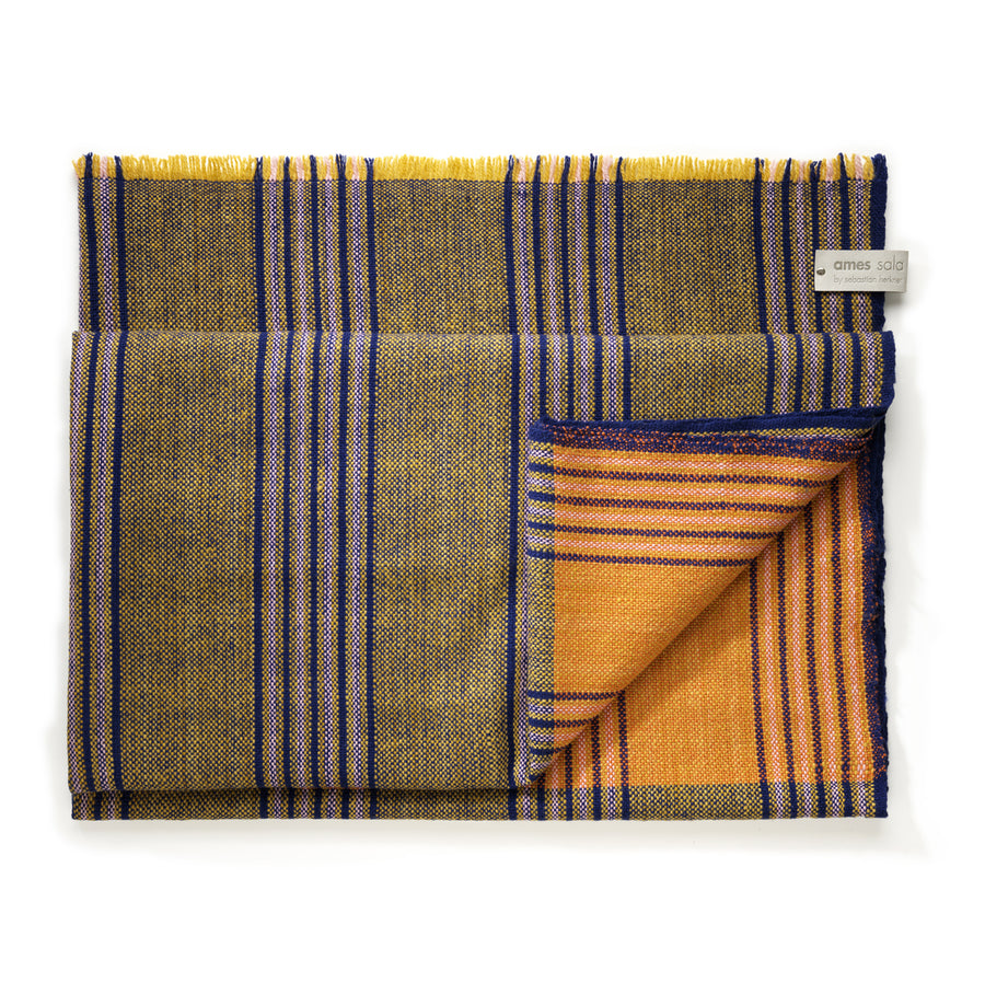 The Ames Mulera Throw by Ames features a plaid pattern in yellow, olive, blue, and beige with an orange and blue striped underside and an “ames sala” label—ideal for those wanting a cozy yet lightweight throw.