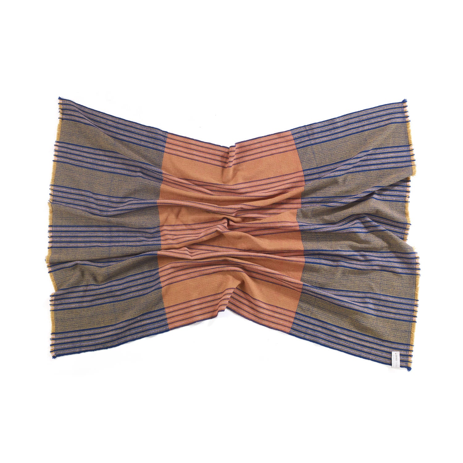 The Ames Mulera Throw by Ames is a rectangular fabric piece featuring blue and olive stripes on the sides, with a wide, solid brownish-orange stripe in the center, shown flat with gentle gathered folds.