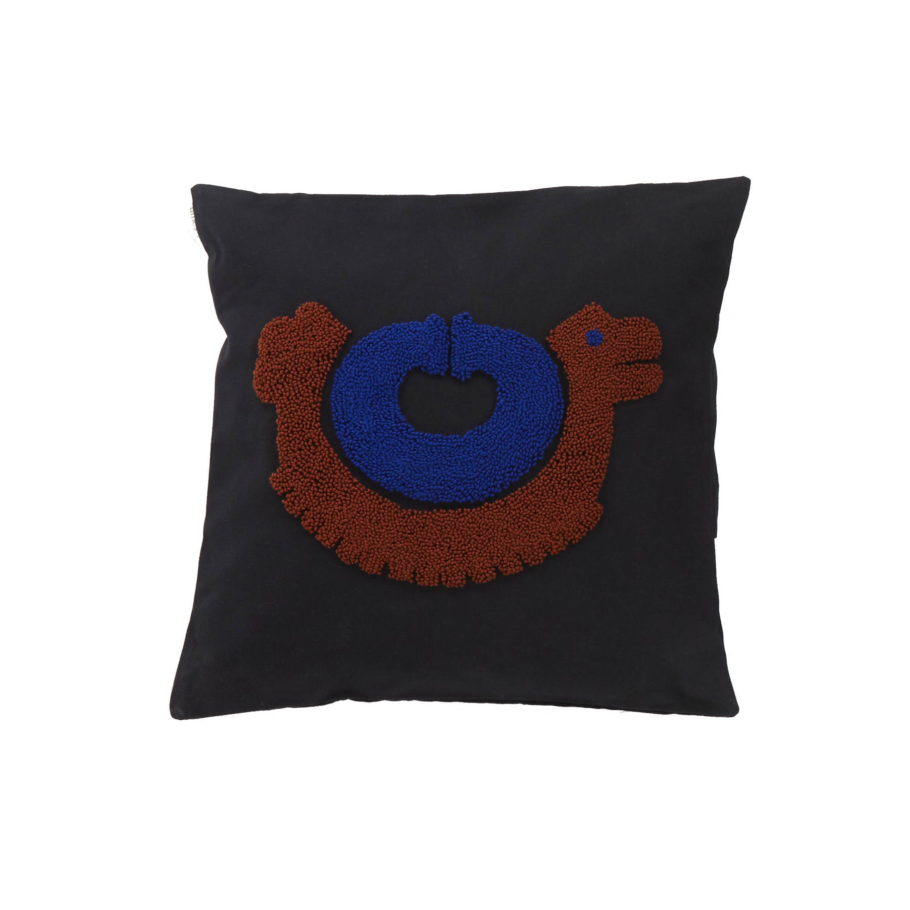 The Ames Nido Pichu by Ames is a black square pillow inspired by Nido cushions, showcasing a textured bird design with dark red and blue stitching on the front, set against a white background.