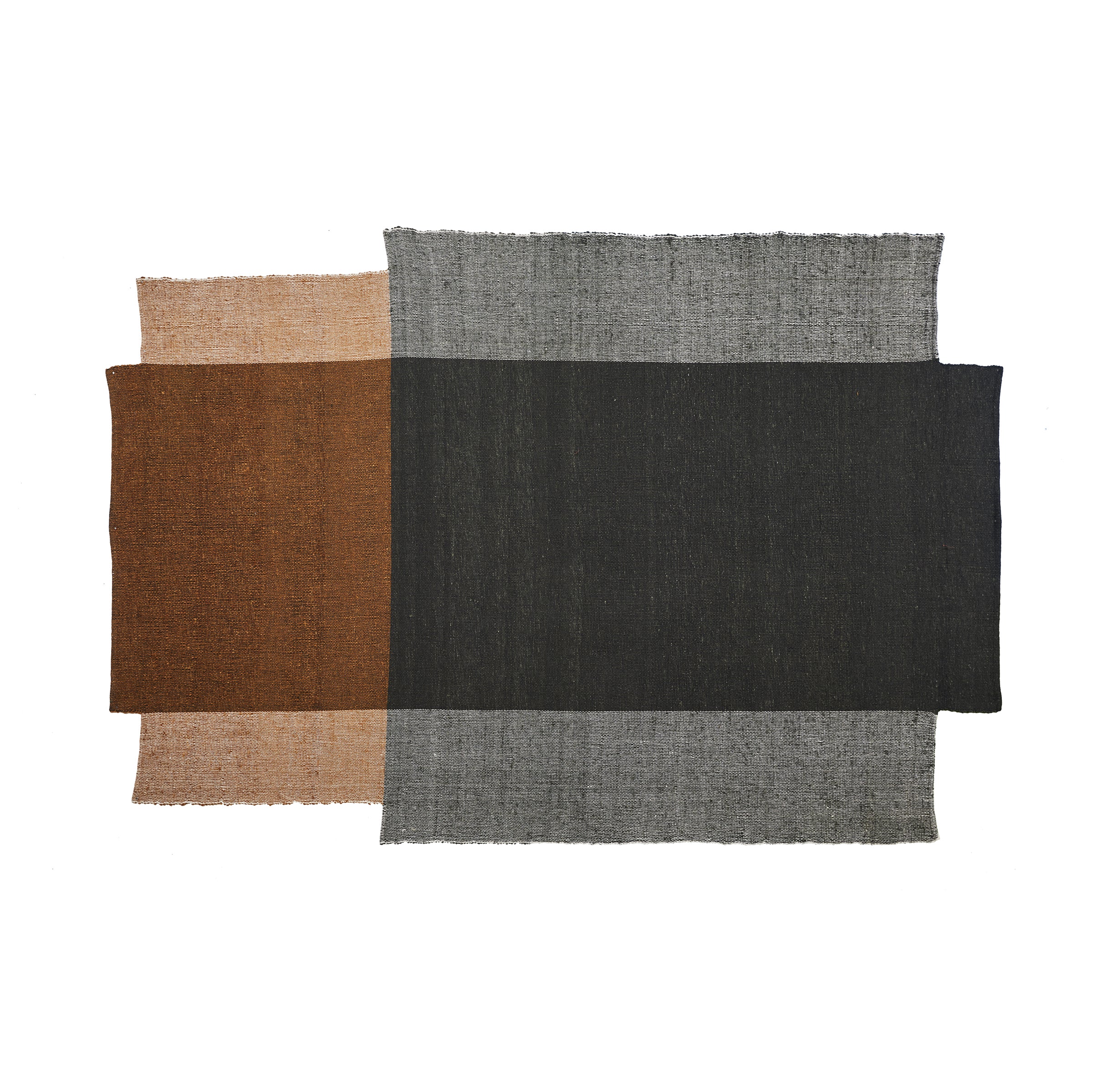The overlapping brown, black, and gray textures of the Nobsa Rug by Ames evoke artistry akin to hand-woven wool from Nobelian traditions. Its minimalist design mirrors the subtle color transitions typical of Nobsas craftsmanship against a white background.