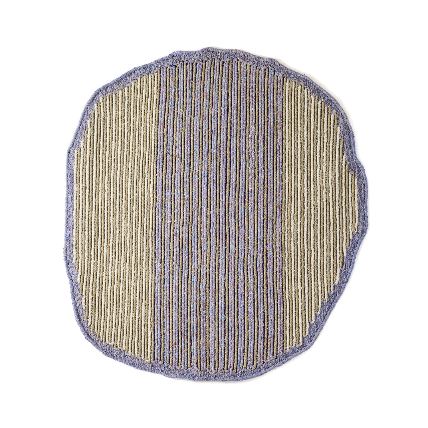 The Ames Uilas Rug by Ames is a round, handmade wool rug with uneven edges, vertical stripes in beige, brown, and light purple, and a purple border—a classic design for Uilas rugs.