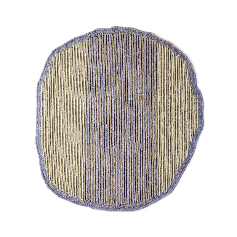 The Ames Uilas Rug by Ames is a round, handmade wool rug with uneven edges, vertical stripes in beige, brown, and light purple, and a purple border—a classic design for Uilas rugs.