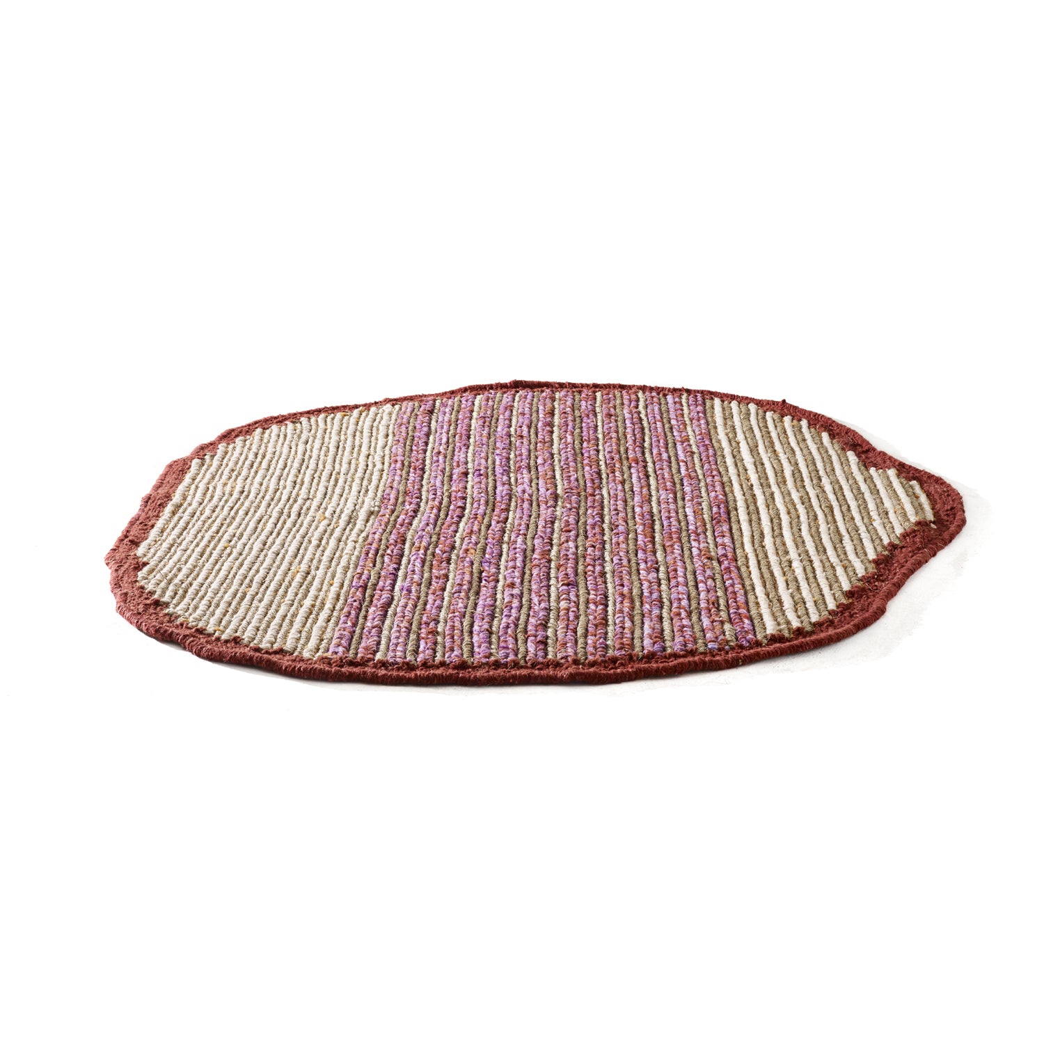 The Ames Uilas Rug by Ames is a round, flat woven wool rug featuring alternating beige and pinkish-red stripes with a solid reddish border, showcased on a white background—a stunning handmade piece.