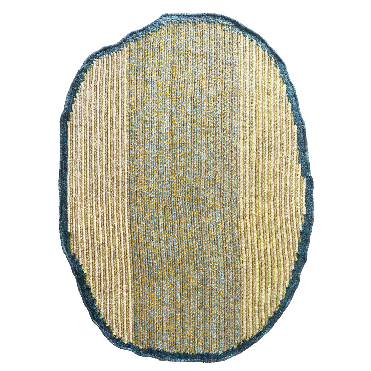 The Ames Uilas Rug by Ames features an irregular oval shape, woven texture, and vertical beige, yellow, and blue stripes with a blue border—a soft yet slightly coarse handmade wool rug for those who appreciate artisanal charm.