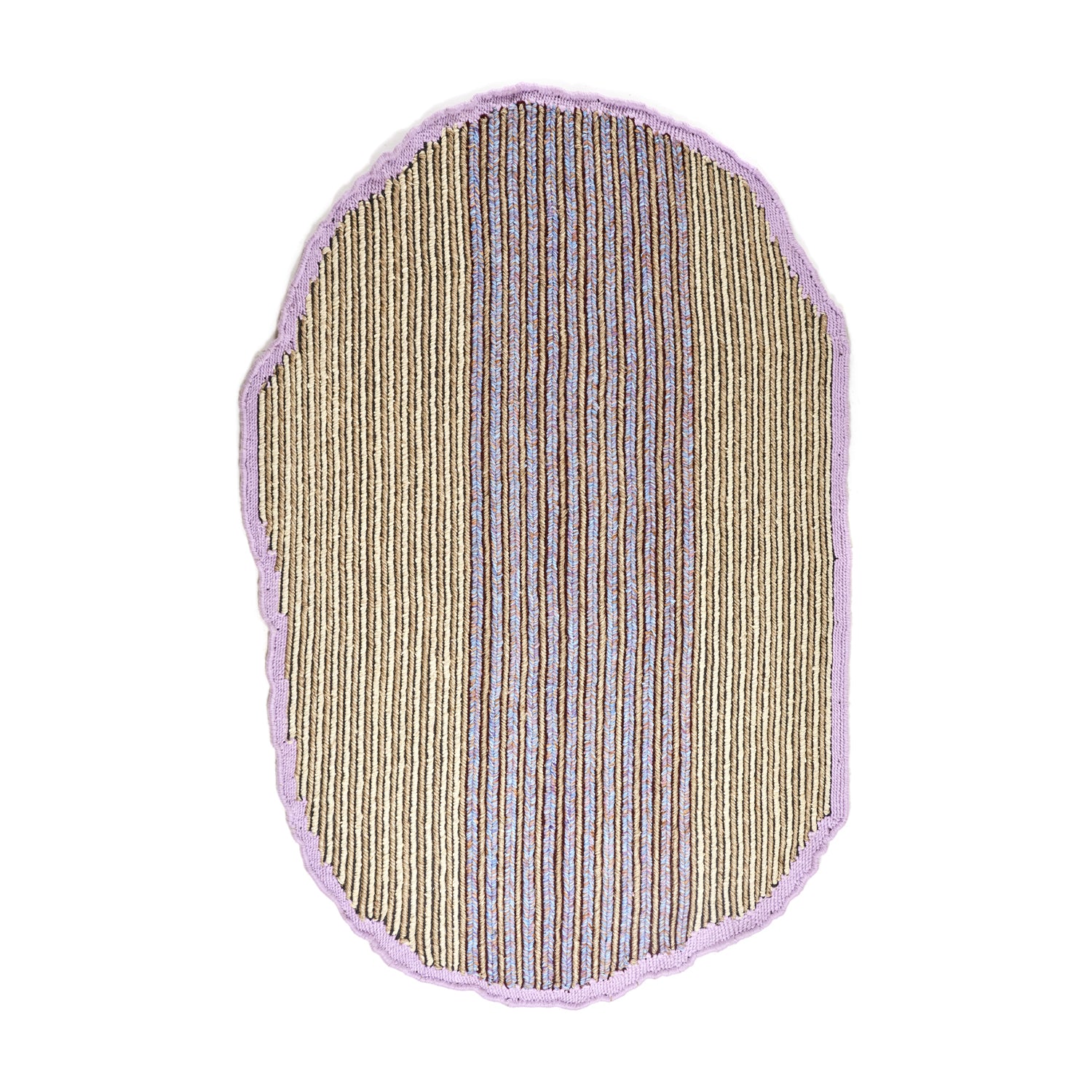 The Ames Uilas Rug by Ames is an irregular oval-shaped rug featuring vertical tan, brown, and gray stripes, bordered by a wavy pale purple edge on a white background.