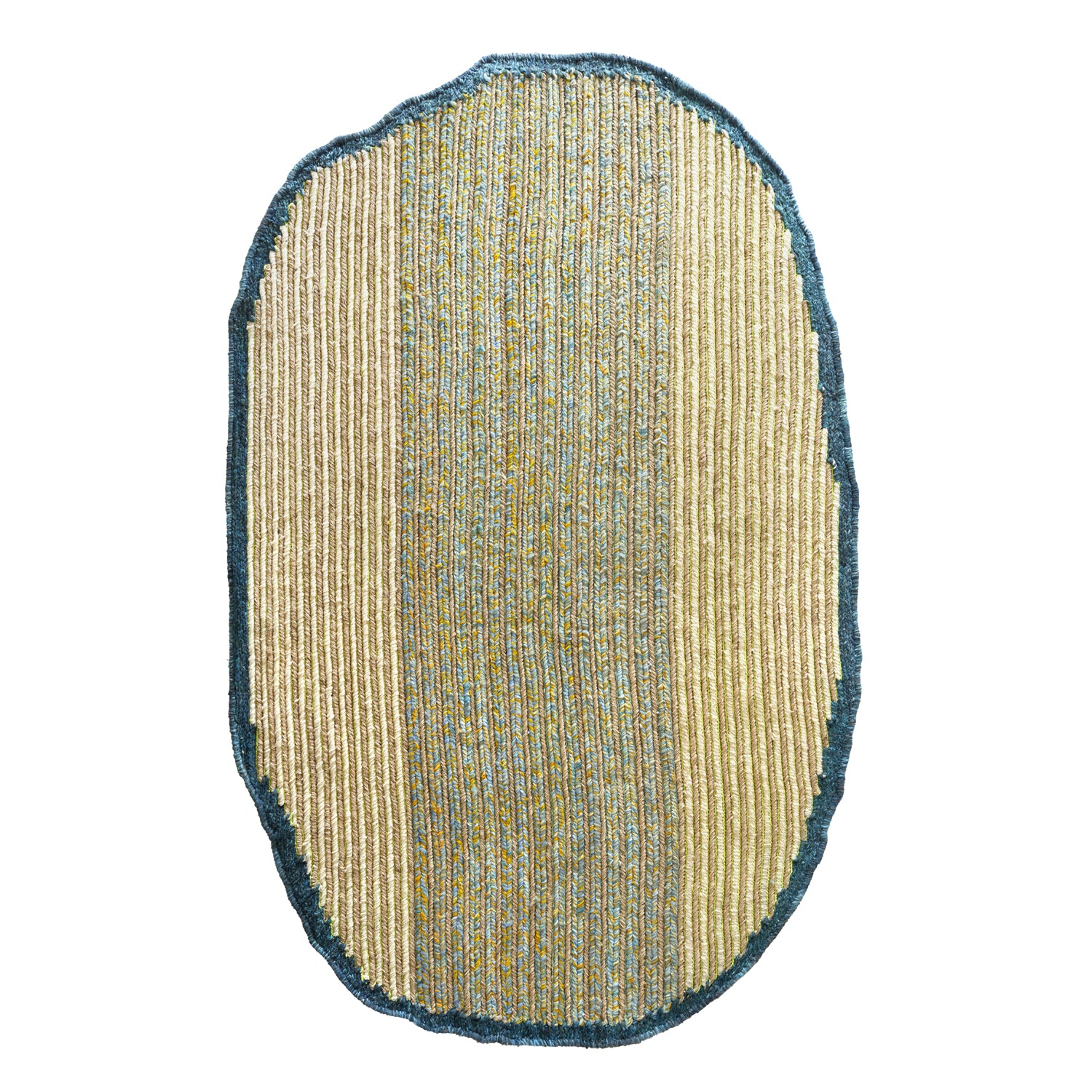 The Ames Uilas Rug is an oval-shaped, textured rug with vertical beige, yellow, and blue stripes. Its edges are slightly irregular with a dark blue border and a ribbed, woven surface inspired by traditional Uilas rugs.