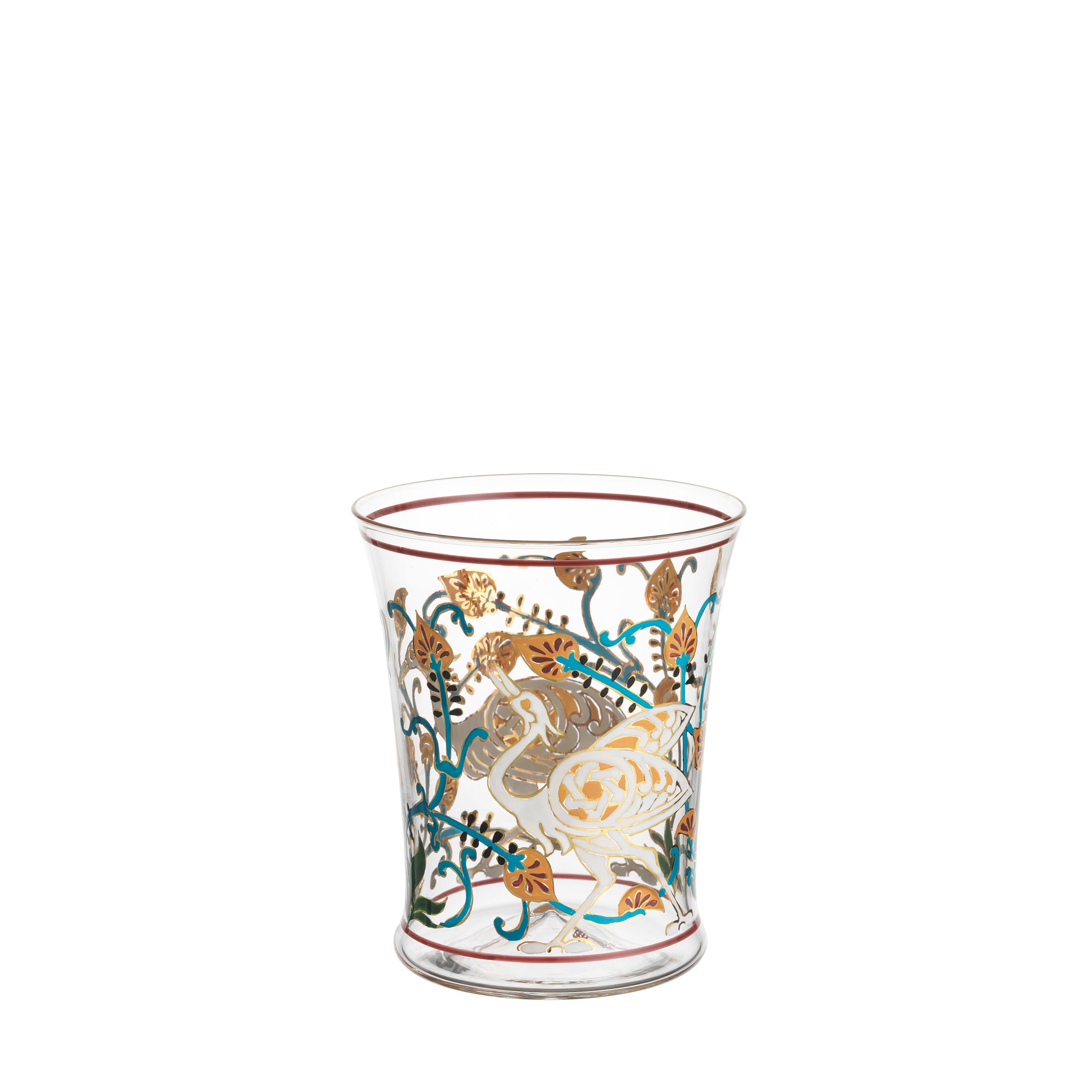 This exquisite Lobmeyr Alhambra Tumbler, designed by Franz Schmoranz, is hand-painted with intricate golden and teal floral designs and a bird motif, elegantly accented with a thin red rim line.