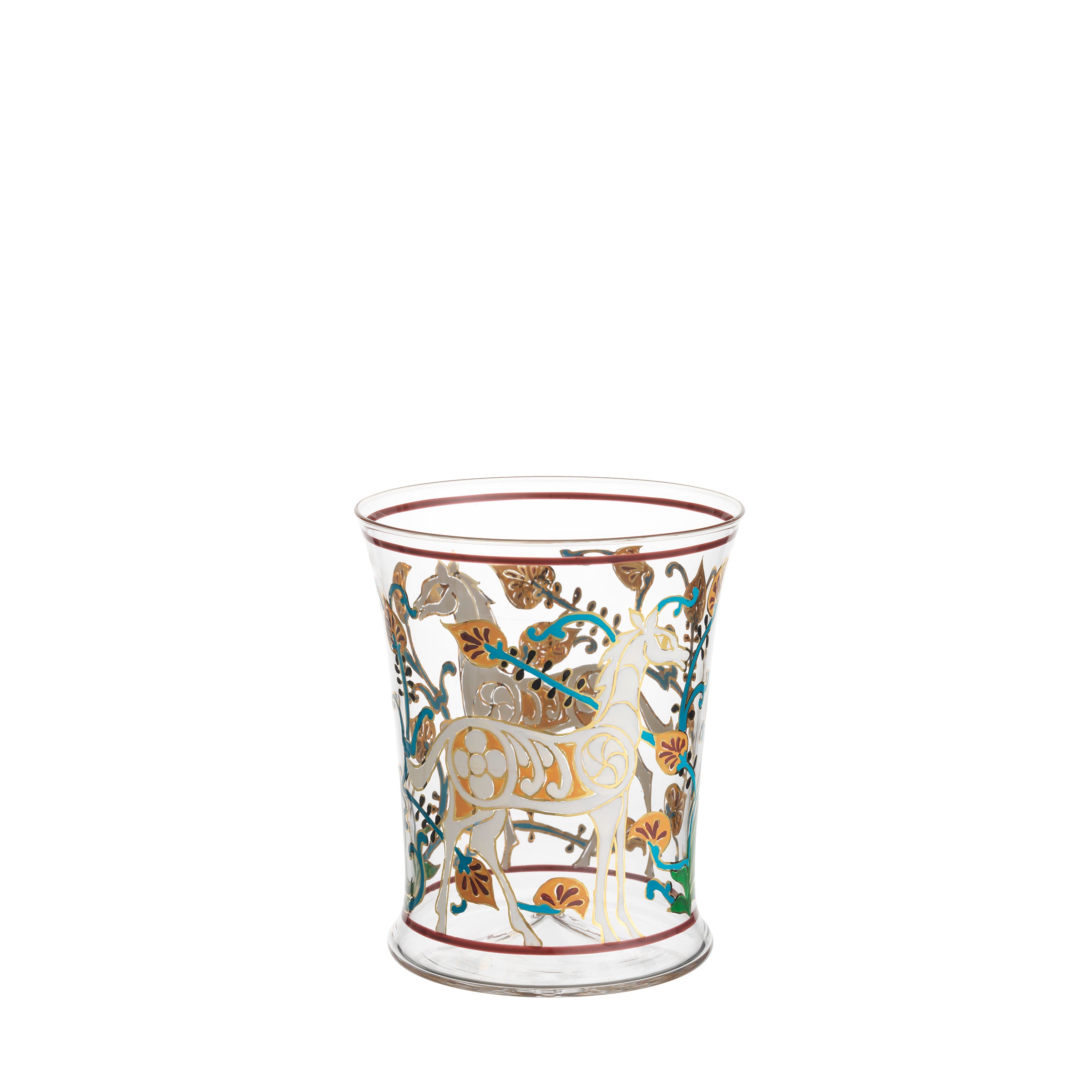 The Alhambra Tumbler by Lobmeyr features Franz Schmoranz-inspired hand-painted crystal, intricate horse and floral designs, gold accents, and vibrant blue, green, and orange hues for an elegant, ornate look.