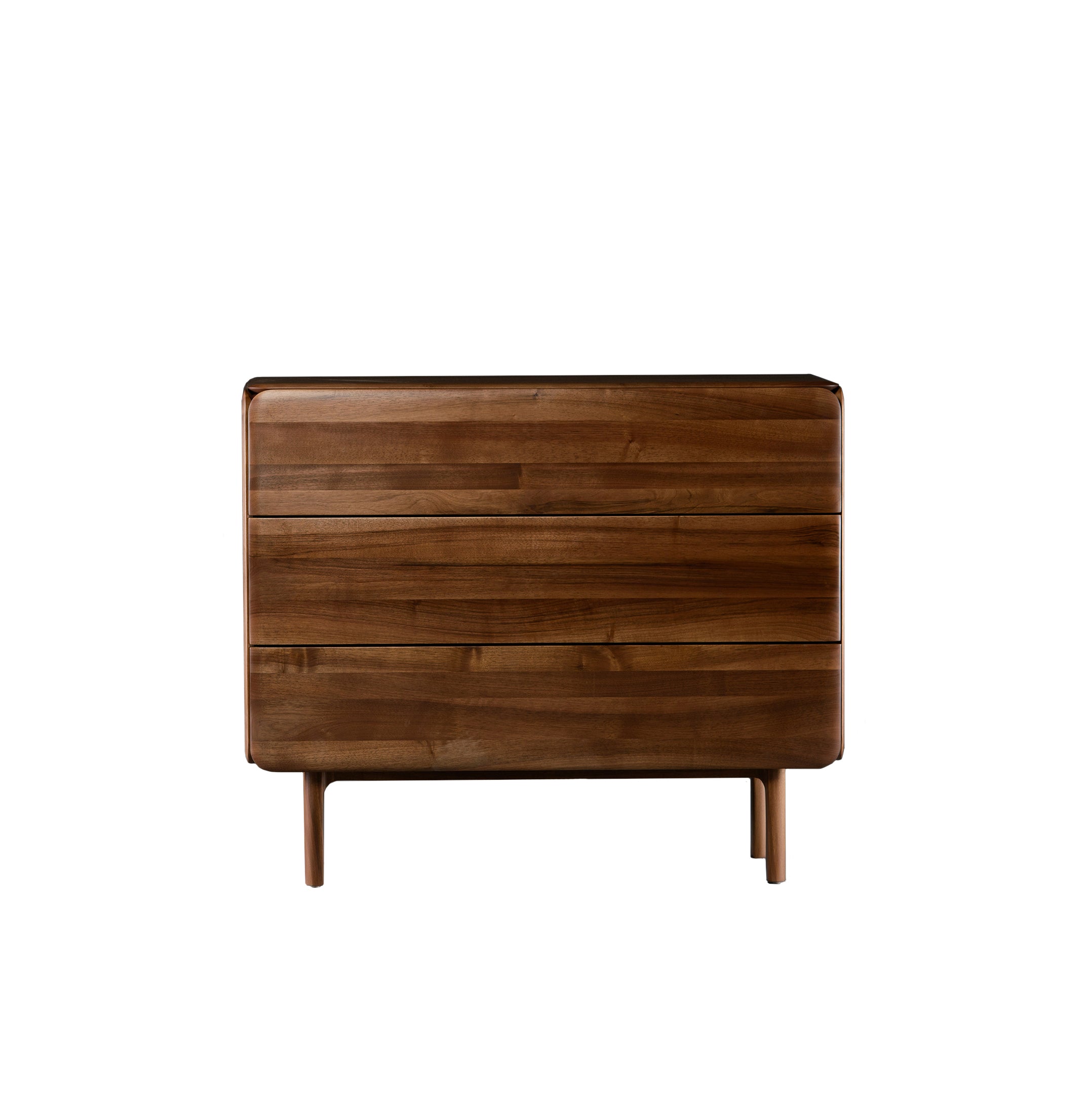 The CLOUD High board by Artisan is a sleek, modern piece crafted from solid wood with a rich brown finish enhanced by natural oils. Featuring three wide drawers and four short, sturdy legs, this minimalist design exemplifies the use of environmentally-friendly materials.